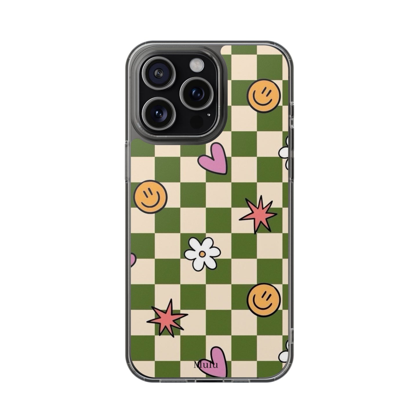 Clear Impact-Resistant Case — Retro Green Checkerboard with Smiley, Hearts & Flowers