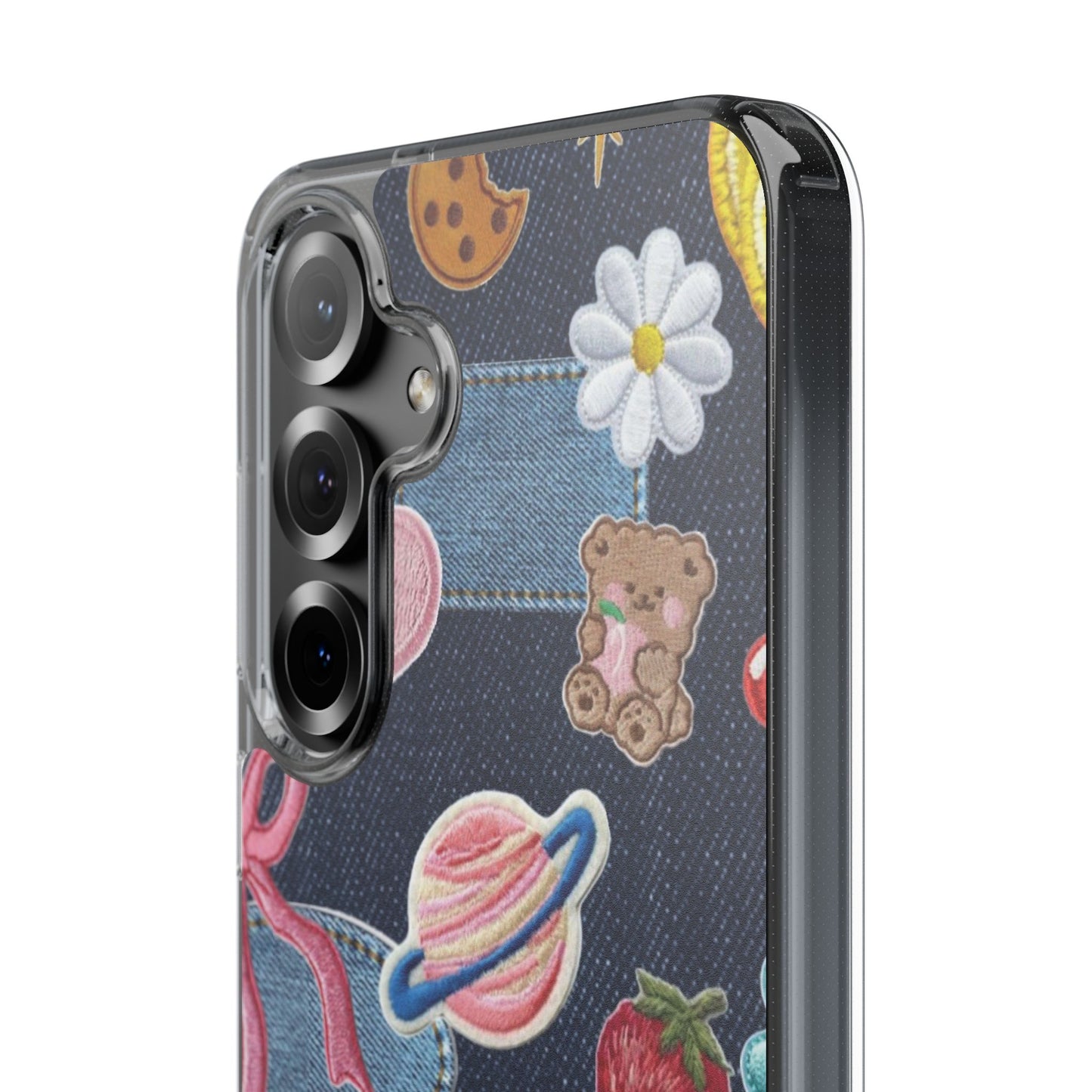 Clear Impact-Resistant Phone Case — Cute Denim Patch Collage (Teddy, Strawberry, Planet)