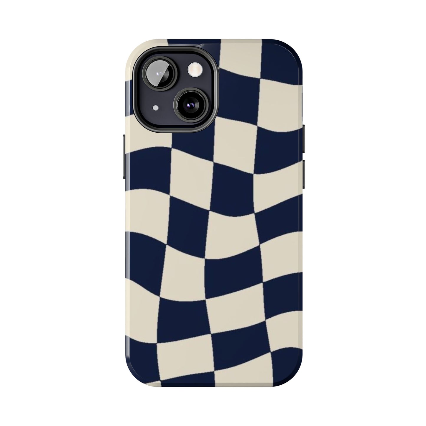 Wavy Checkerboard Tough Phone Case — Navy & Cream Protective Cover