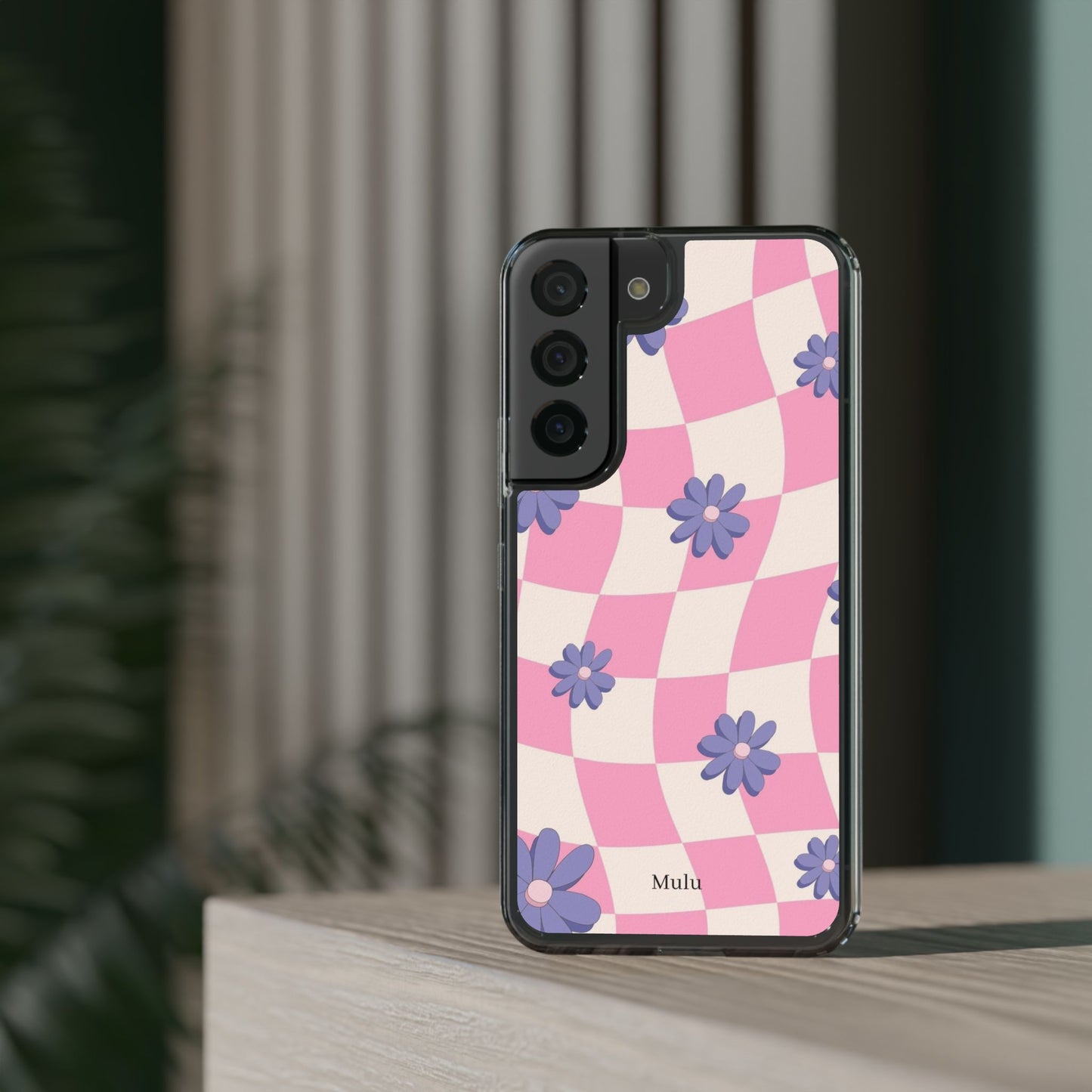 Clear Impact Phone Case — Pink Checkerboard with Purple Flowers