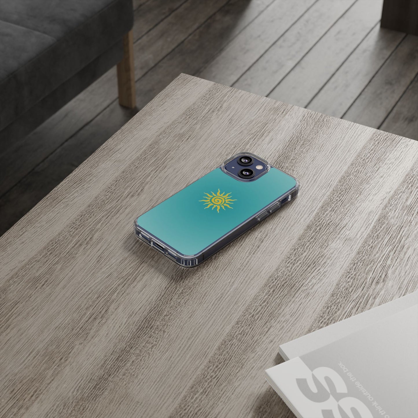 Clear Impact-Resistant Phone Case — Yellow Sun on Teal Gradient