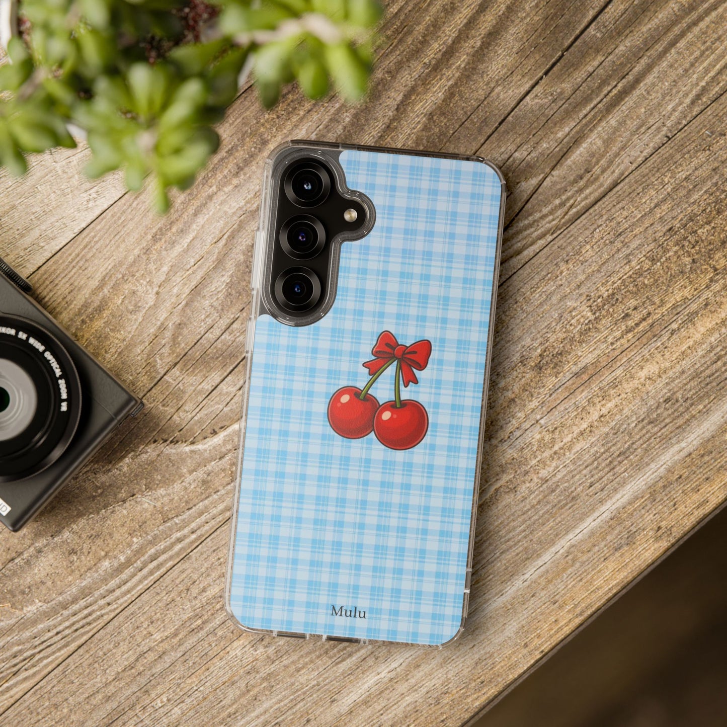 Clear Cherry Gingham Phone Case — Impact-Resistant Clear Case with Red Cherry Design