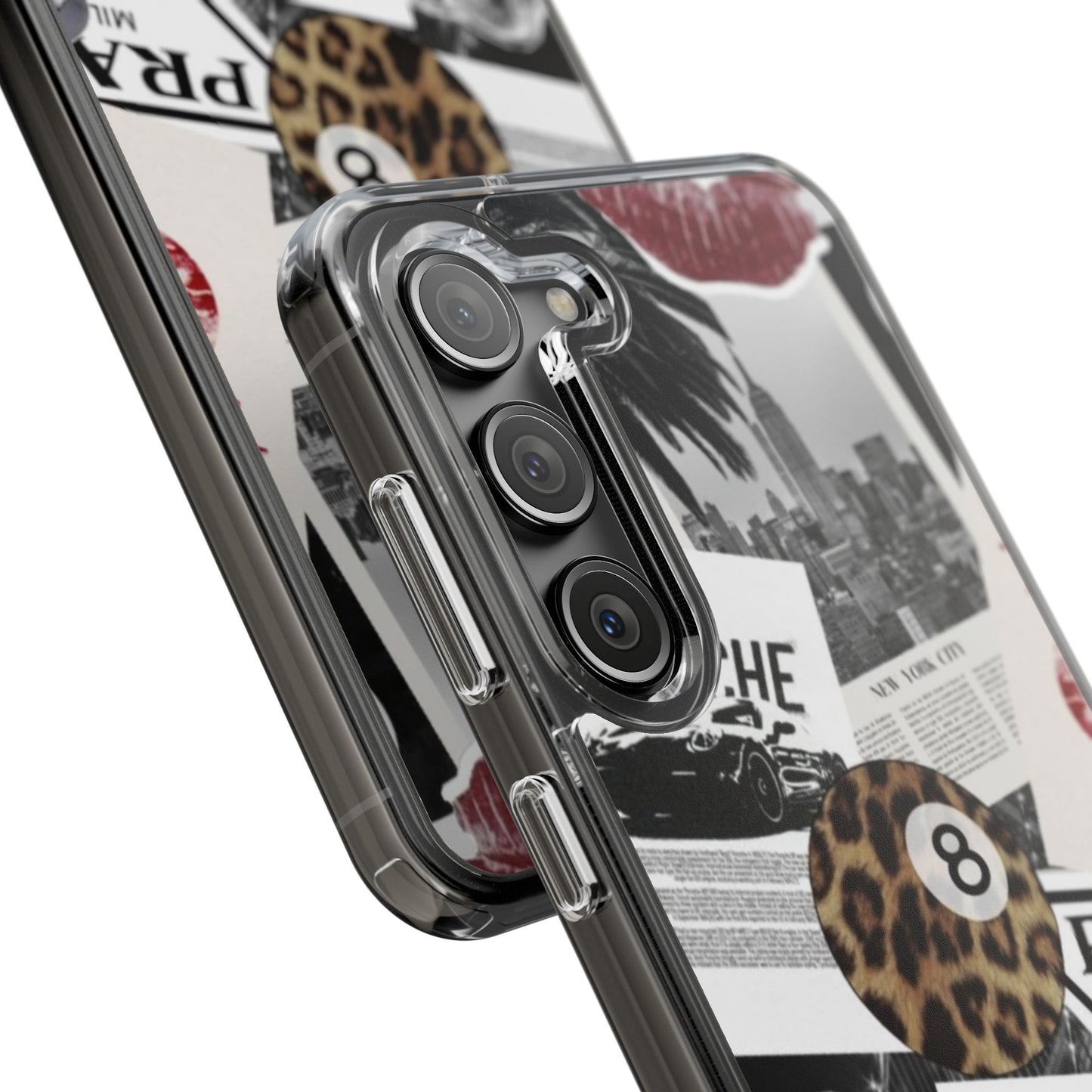 Clear Impact-Resistant Phone Case — Collage Luxury Leopard & Vintage Car Design