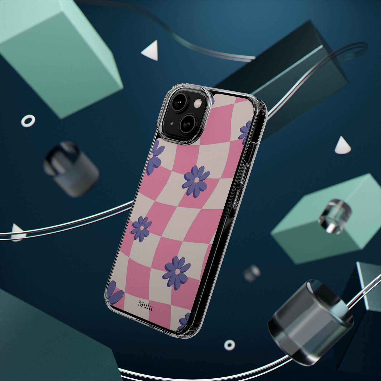 Clear Impact Phone Case — Pink Checkerboard with Purple Flowers
