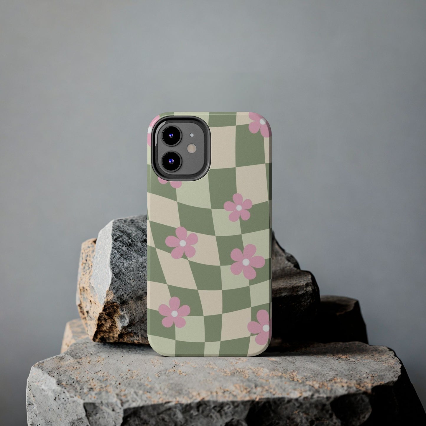 Tough Phone Case — Retro Green Checkerboard with Pink Flowers