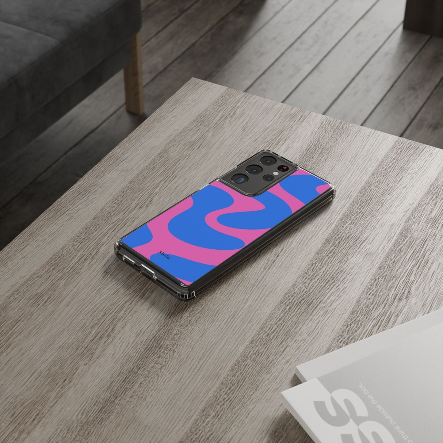 Clear Impact-Resistant Phone Case — Retro Blue & Pink Abstract Swirl