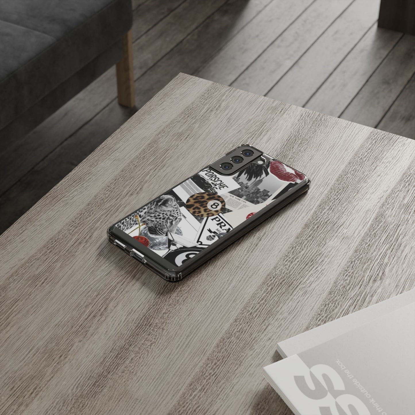 Clear Impact-Resistant Phone Case — Collage Luxury Leopard & Vintage Car Design