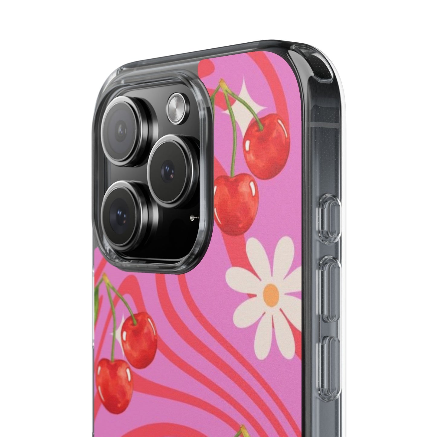 Clear Impact Phone Case — Retro Cherry & Daisy Floral Design