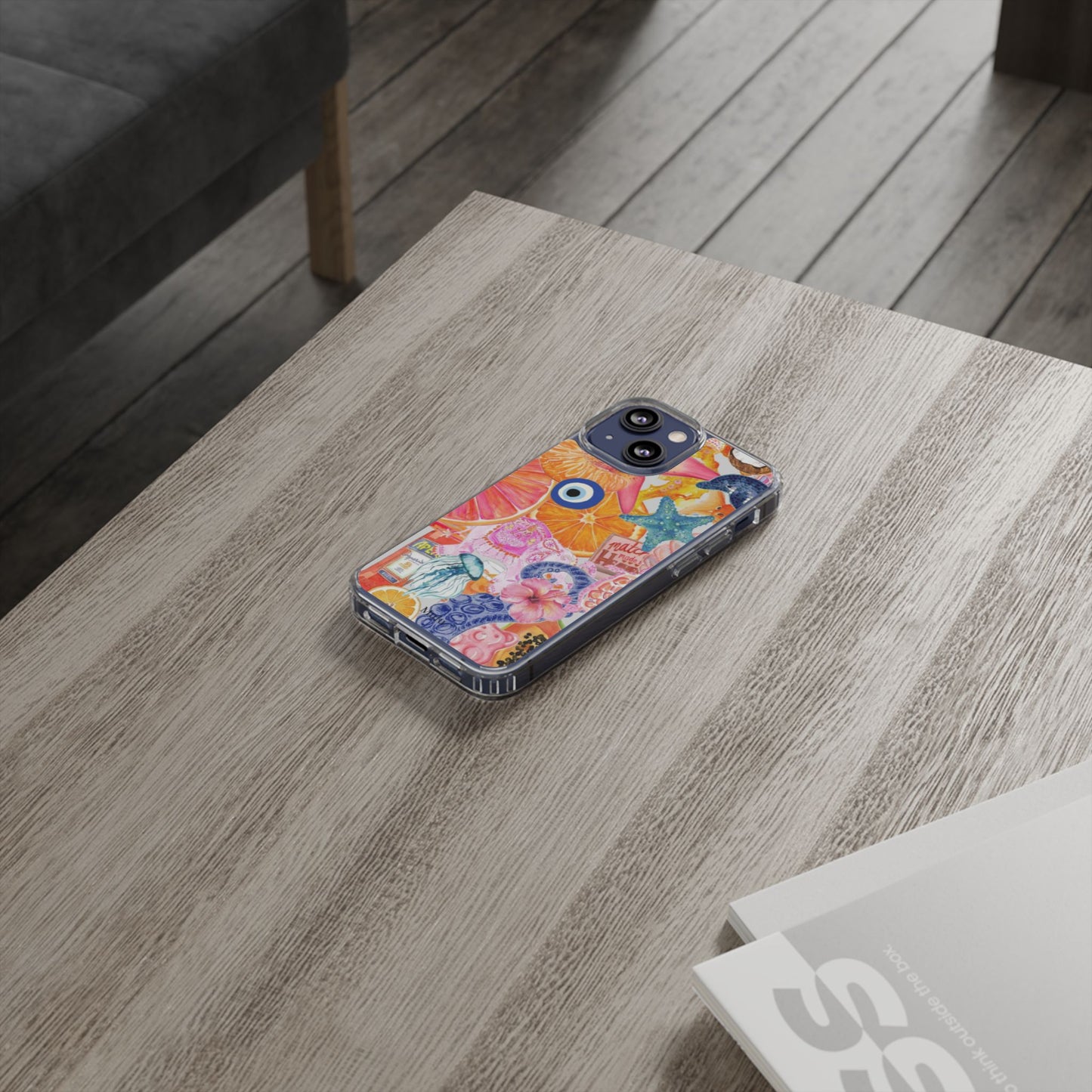 Clear Impact-Resistant Phone Case — Colorful Tropical Collage Design