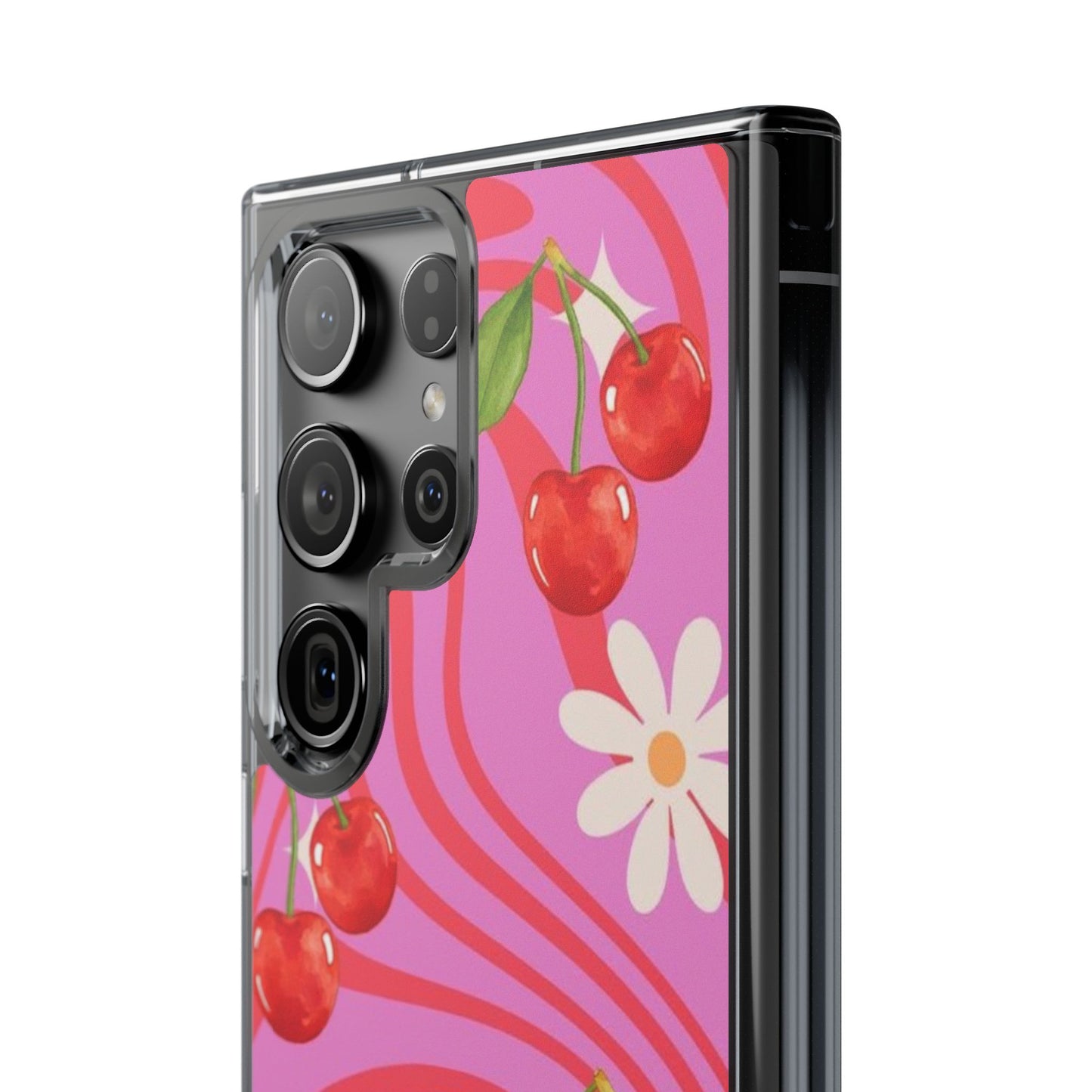 Clear Impact Phone Case — Retro Cherry & Daisy Floral Design