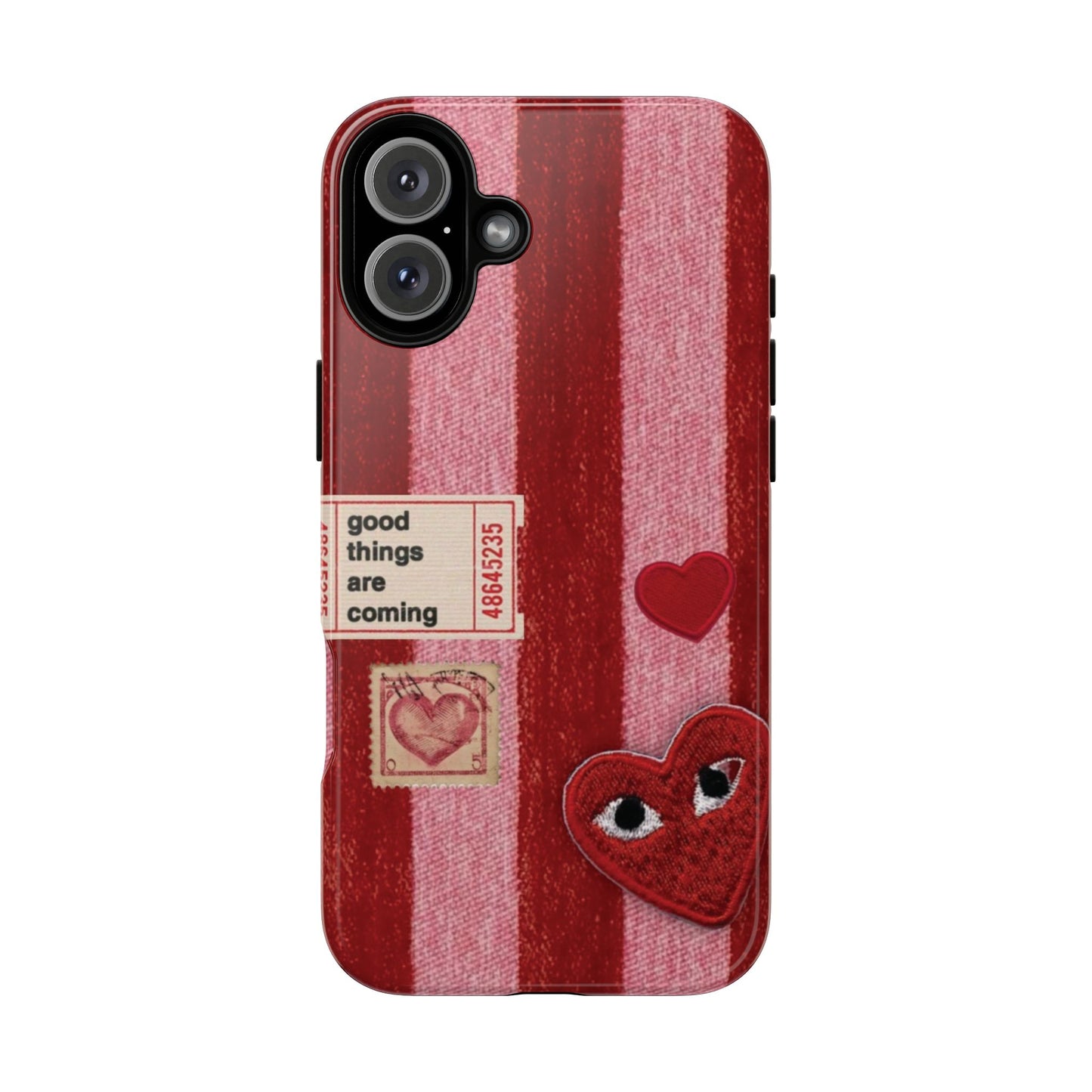 Phone Case — Red Striped Heart Design with “Good Things Are Coming”