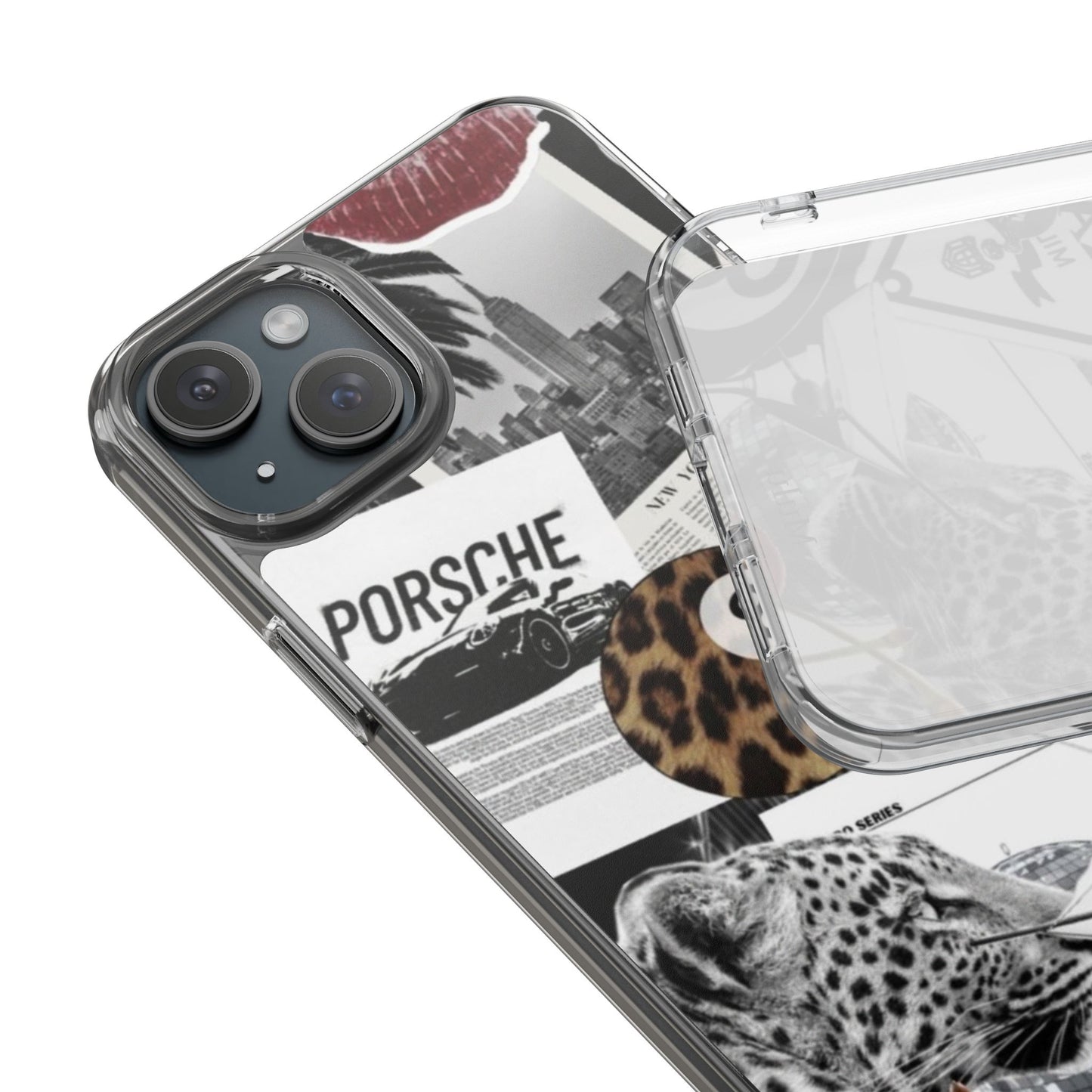 Clear Impact-Resistant Phone Case — Collage Luxury Leopard & Vintage Car Design