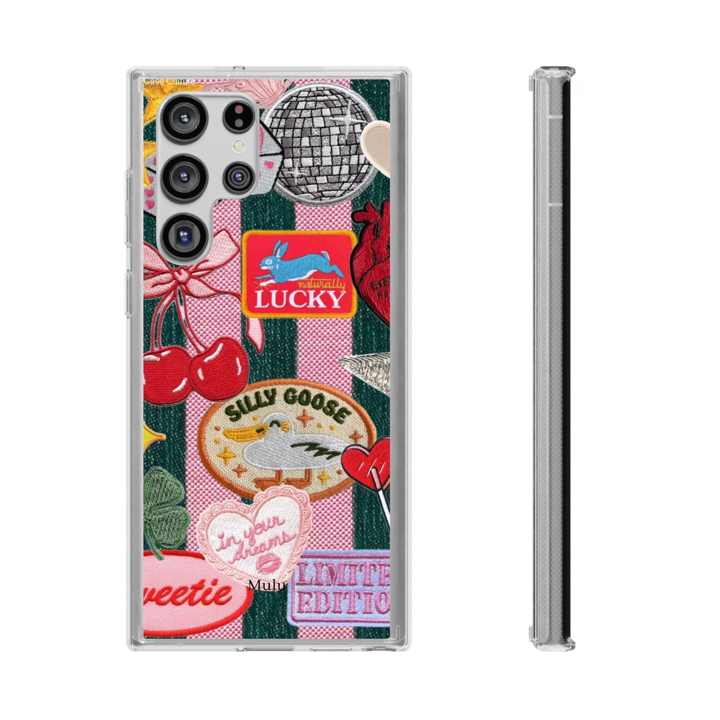 Clear Impact-Resistant Phone Case — Retro Patchwork Stickers (Lucky, Cherries, Silly Goose)