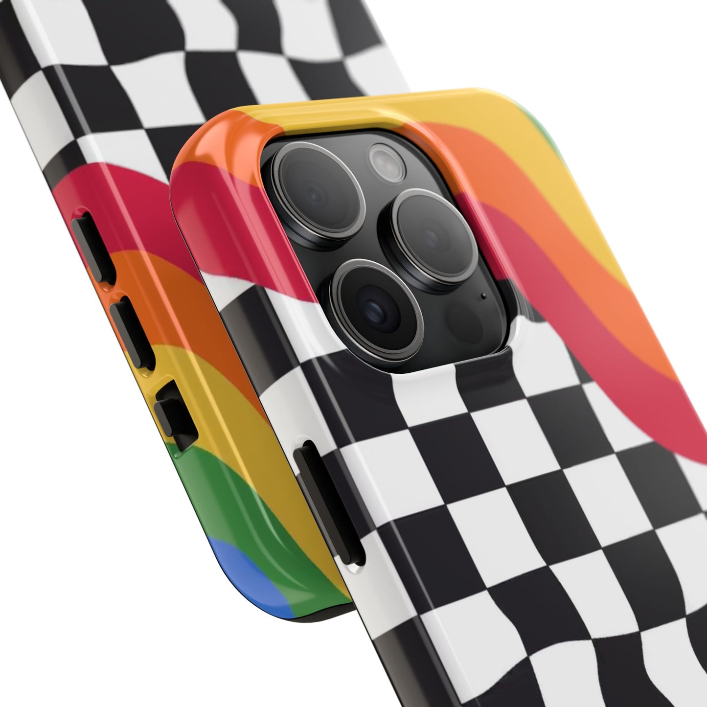 Retro Wavy Checkerboard Tough Phone Case — Rainbow Surf Skate Design