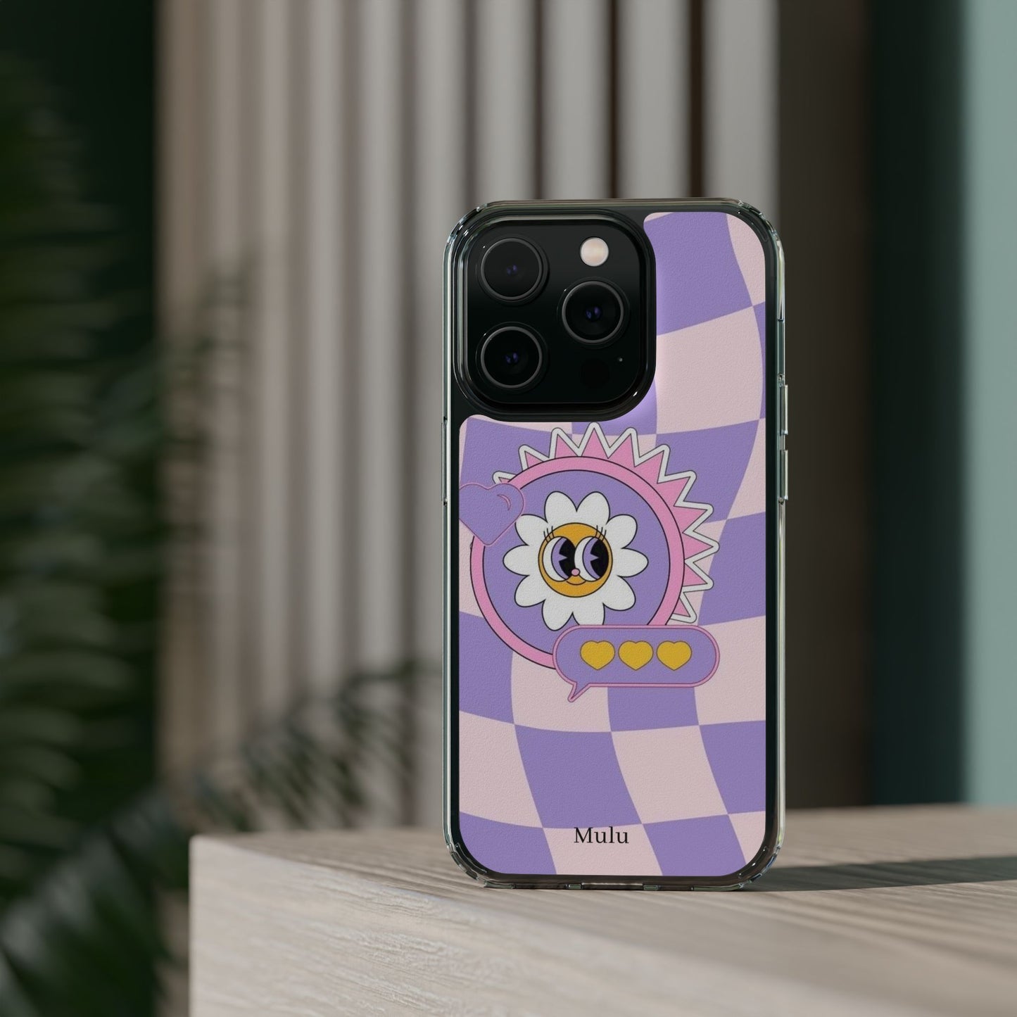 Clear Impact-Resistant Case — Cute Purple Checkerboard Dino with 'Mulu'