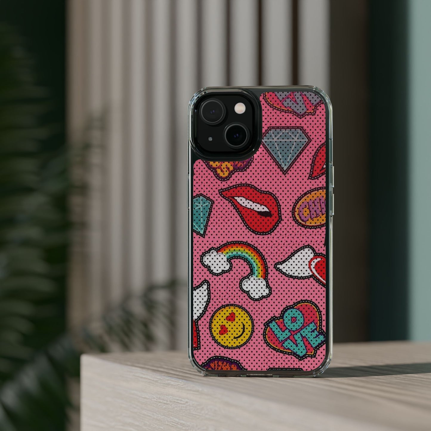 Clear Impact-Resistant Phone Case — Pink Pop Sticker Pattern (Hearts, Rainbows, Smileys)