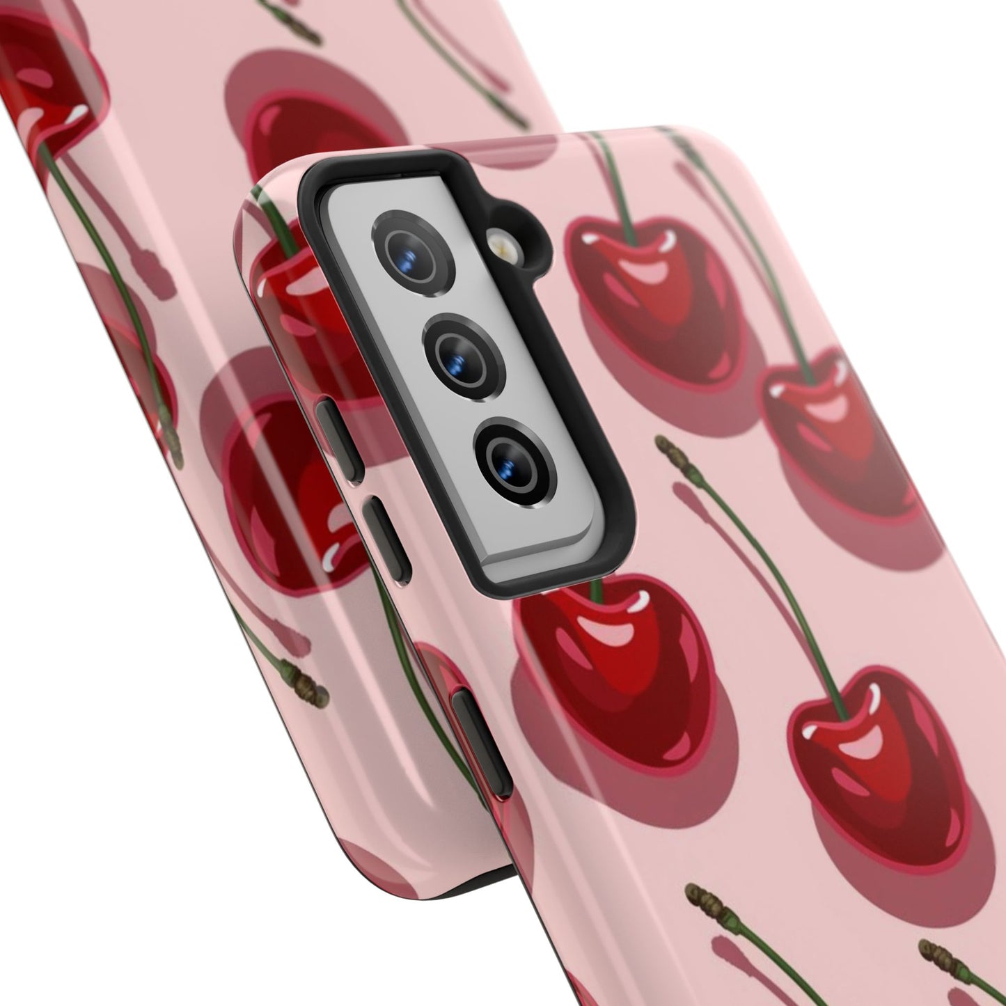 Cherry Pattern Tough Phone Case — Retro Pink Cherry Print Protective Phone Case