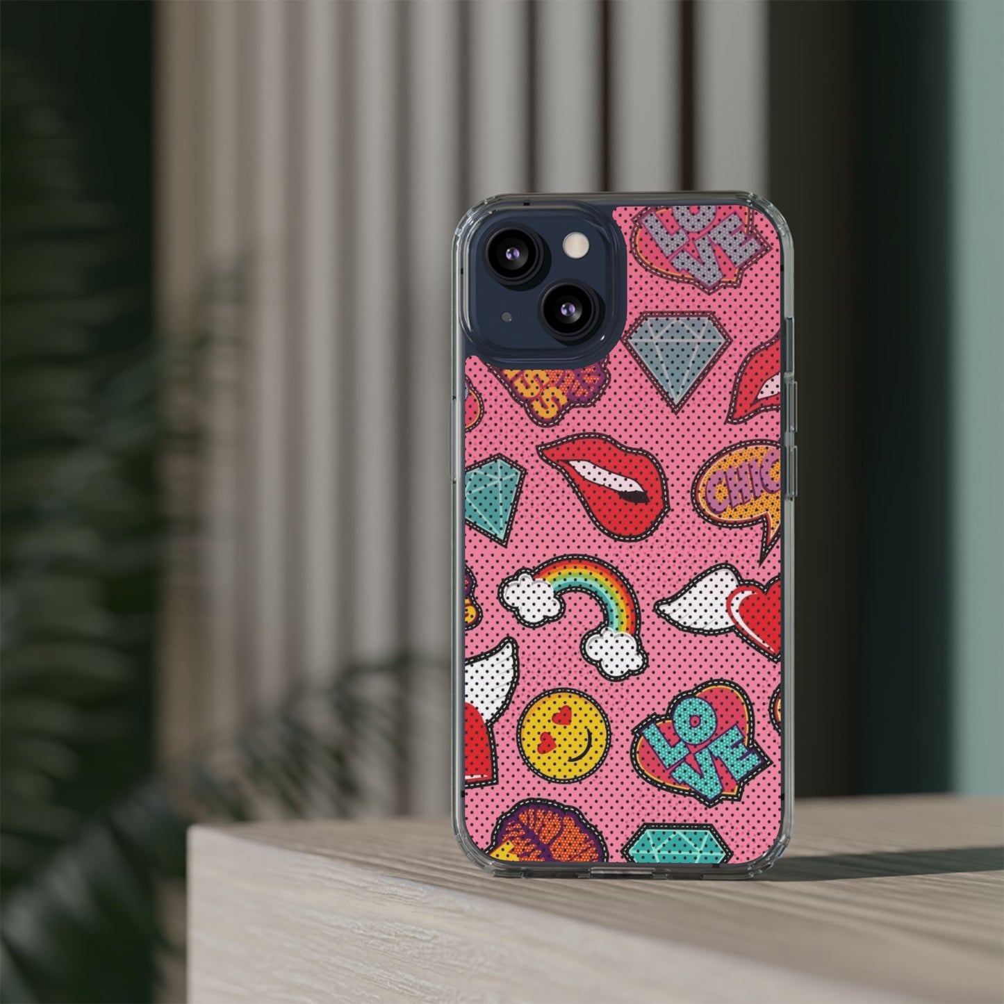 Clear Impact-Resistant Phone Case — Pink Pop Sticker Pattern (Hearts, Rainbows, Smileys)