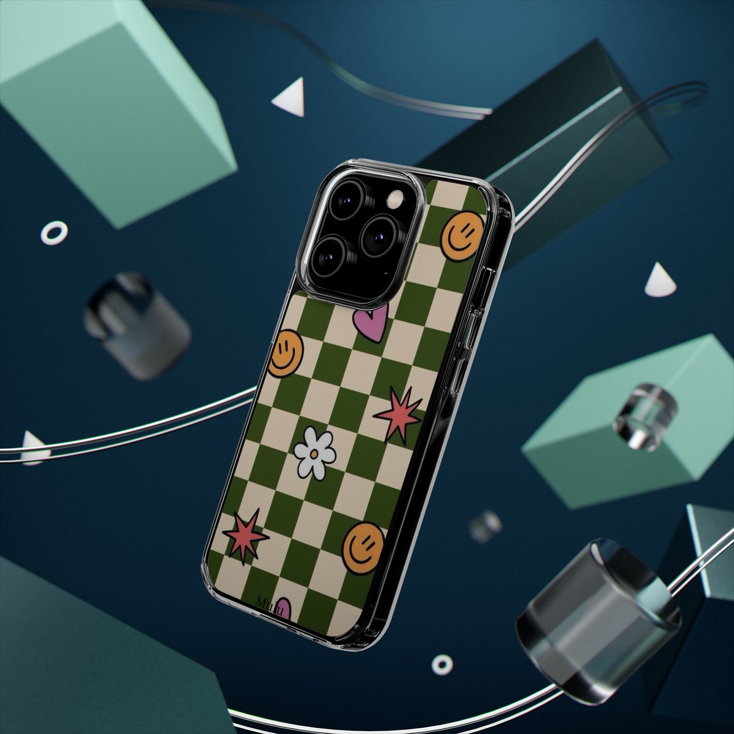 Clear Impact-Resistant Case — Retro Green Checkerboard with Smiley, Hearts & Flowers