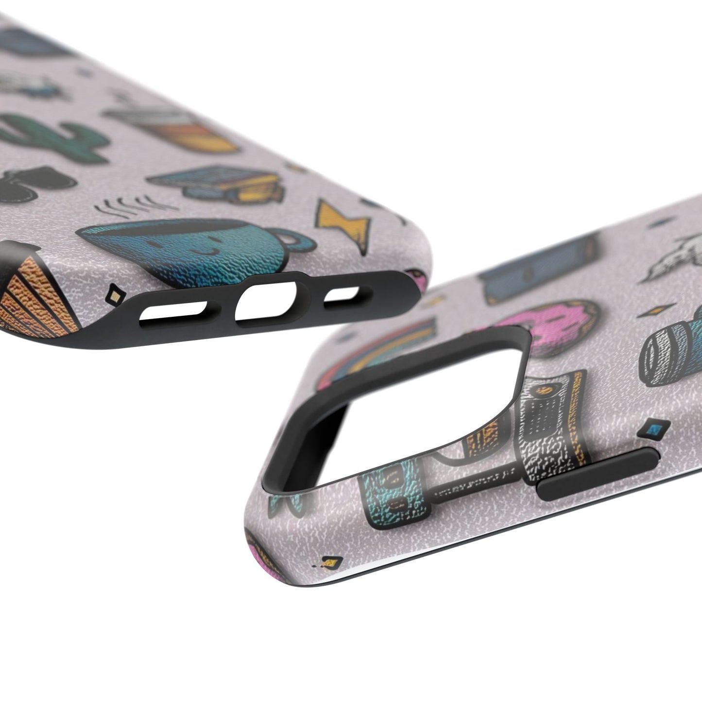 Cute Doodle Phone Case — Magnetic Impact-Resistant Design (coffee, rainbow, cactus)