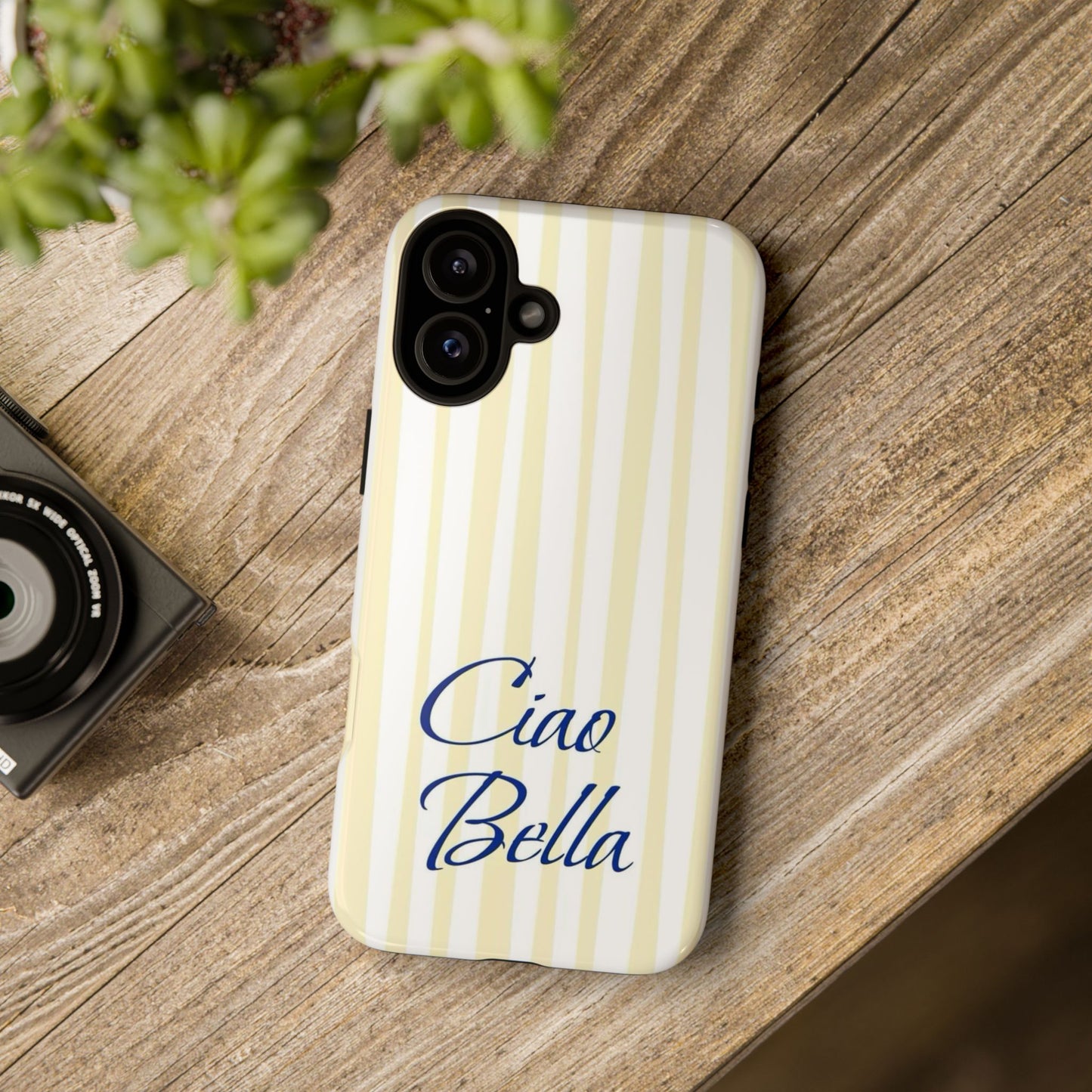 Ciao Bella Phone Case – Striped Elegant Italian Script Protective Cover