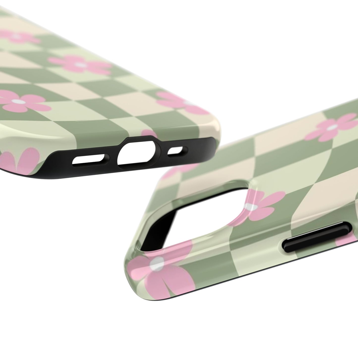Tough Phone Case — Retro Green Checkerboard with Pink Flowers