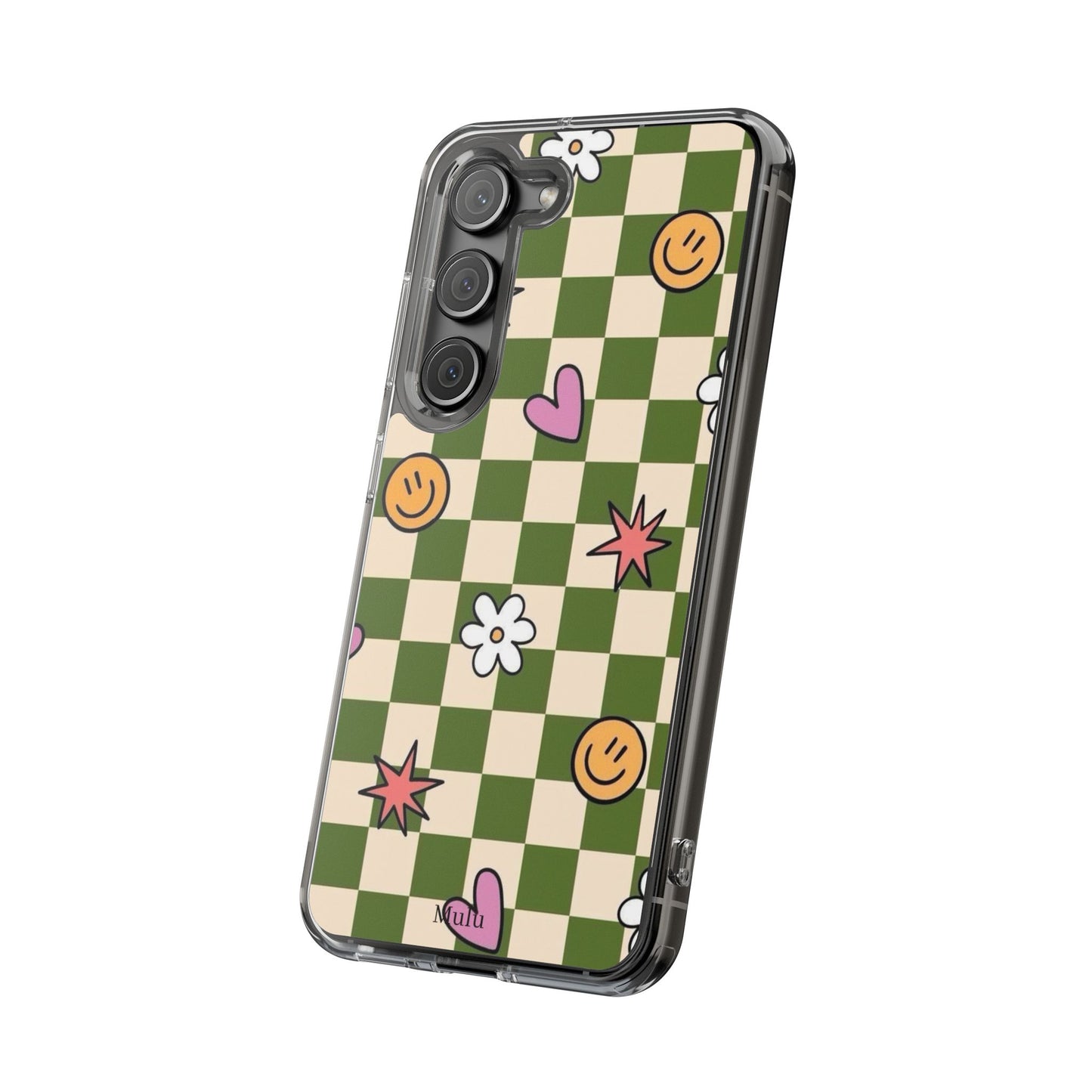 Clear Impact-Resistant Case — Retro Green Checkerboard with Smiley, Hearts & Flowers
