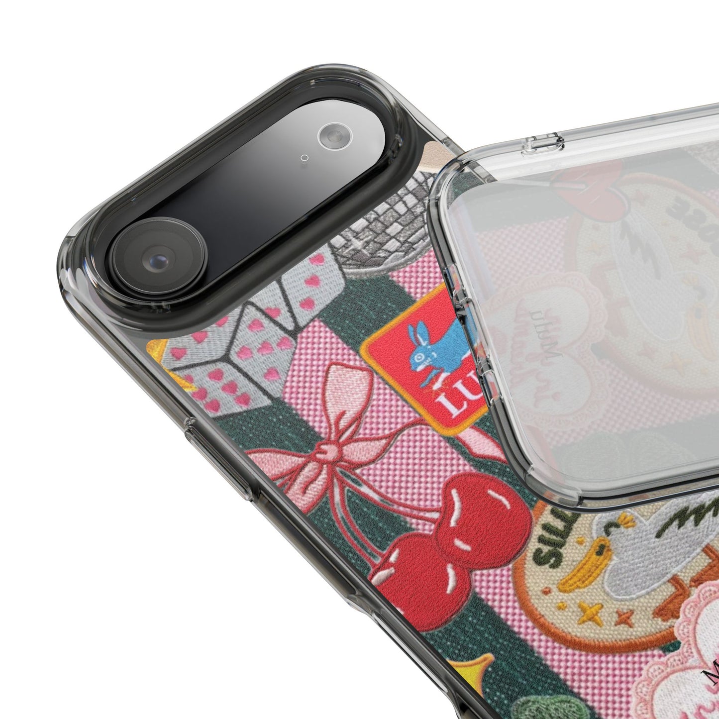 Clear Impact-Resistant Phone Case — Retro Patchwork Stickers (Lucky, Cherries, Silly Goose)