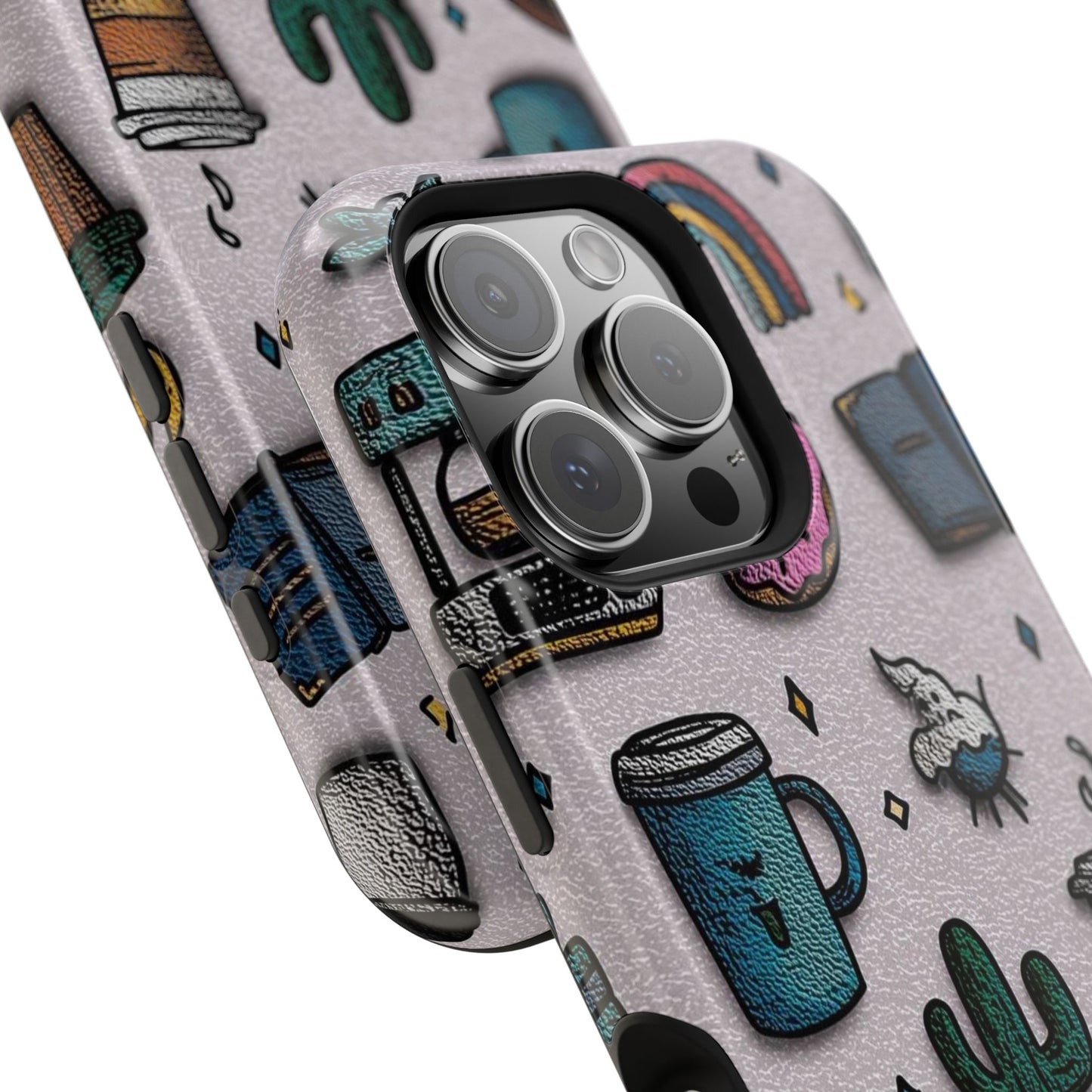 Cute Doodle Phone Case — Magnetic Impact-Resistant Design (coffee, rainbow, cactus)
