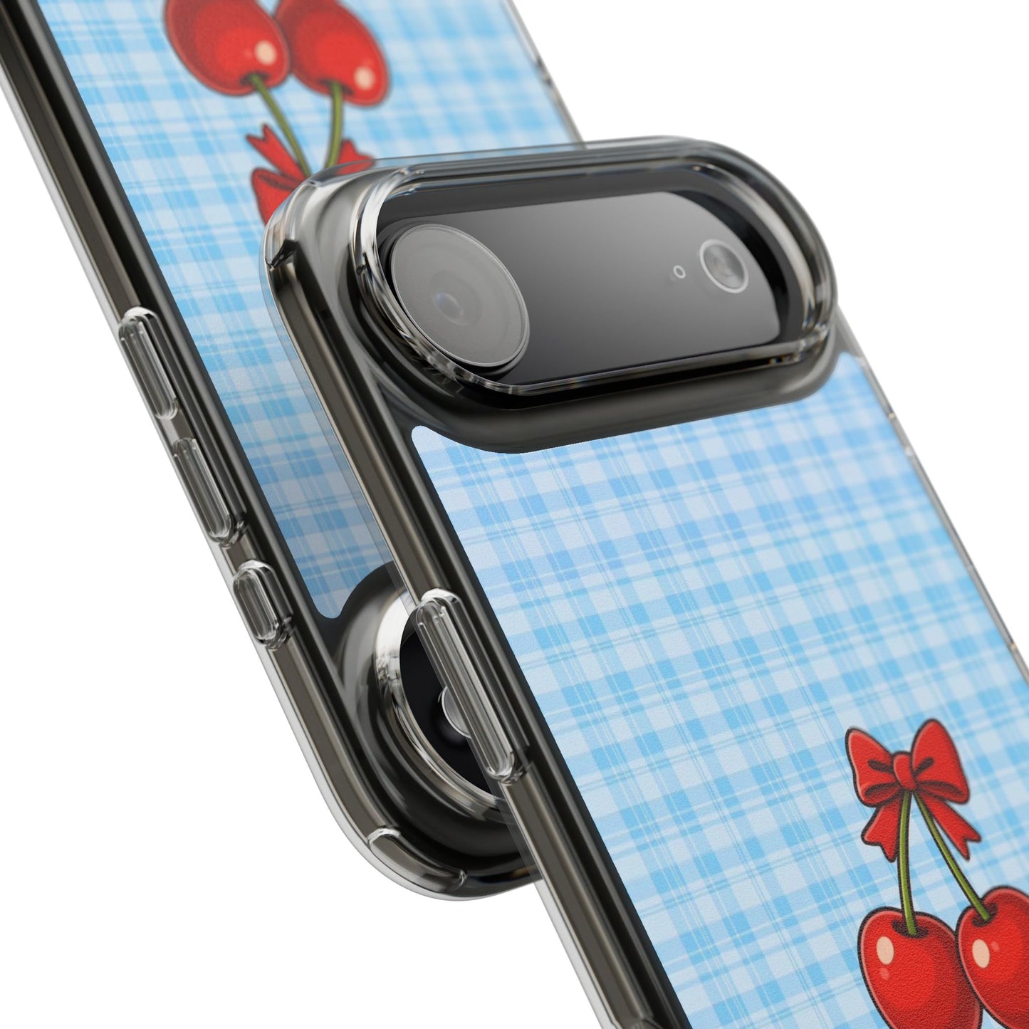Clear Cherry Gingham Phone Case — Impact-Resistant Clear Case with Red Cherry Design