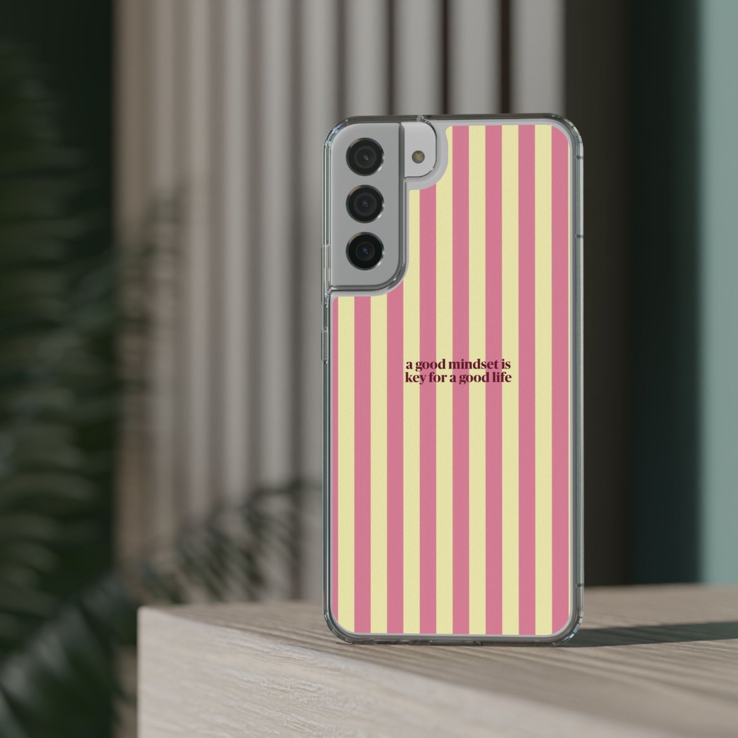 Striped Clear Phone Case — "A Good Mindset Is Key for a Good Life" Motivational iPhone Case