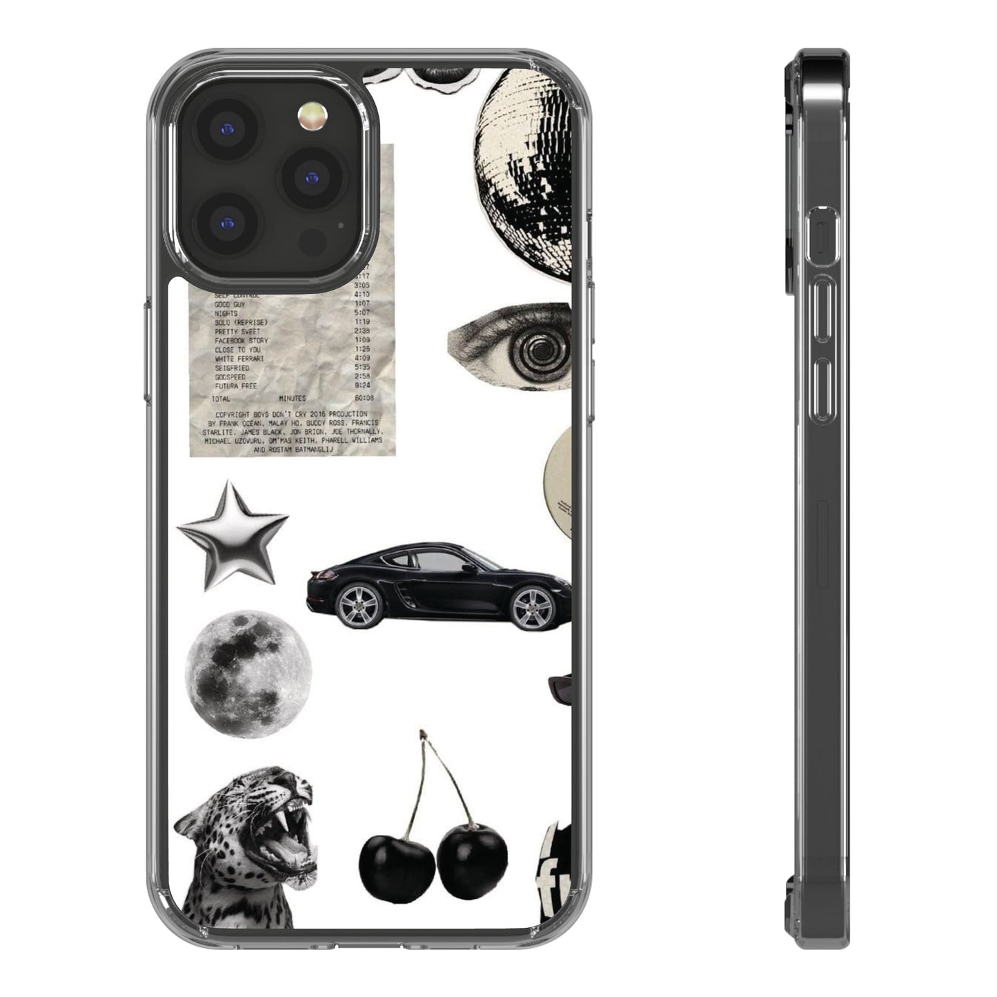 Clear Phone Case — Vintage Collage Stickers (Moon, Eye, Car, Cherries)