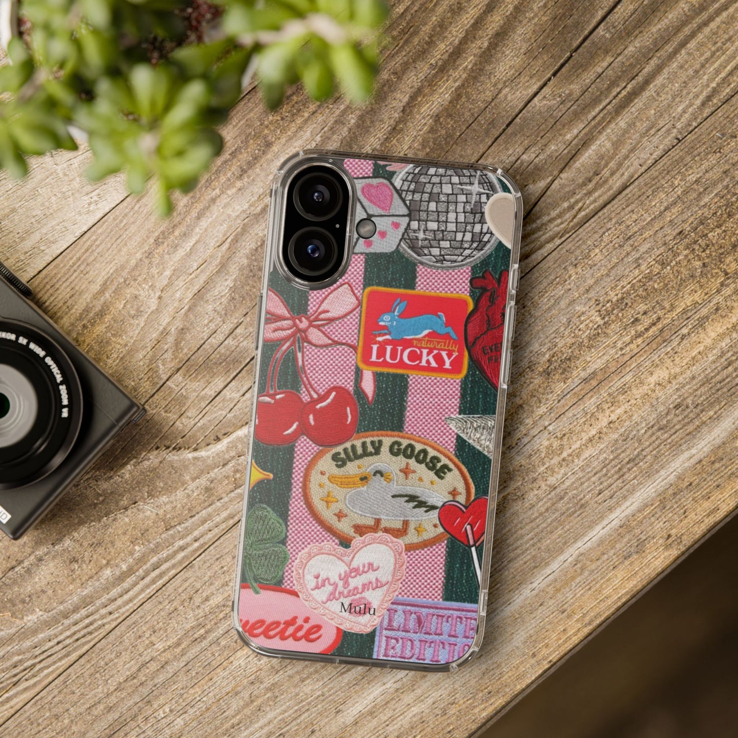 Clear Impact-Resistant Phone Case — Retro Patchwork Stickers (Lucky, Cherries, Silly Goose)