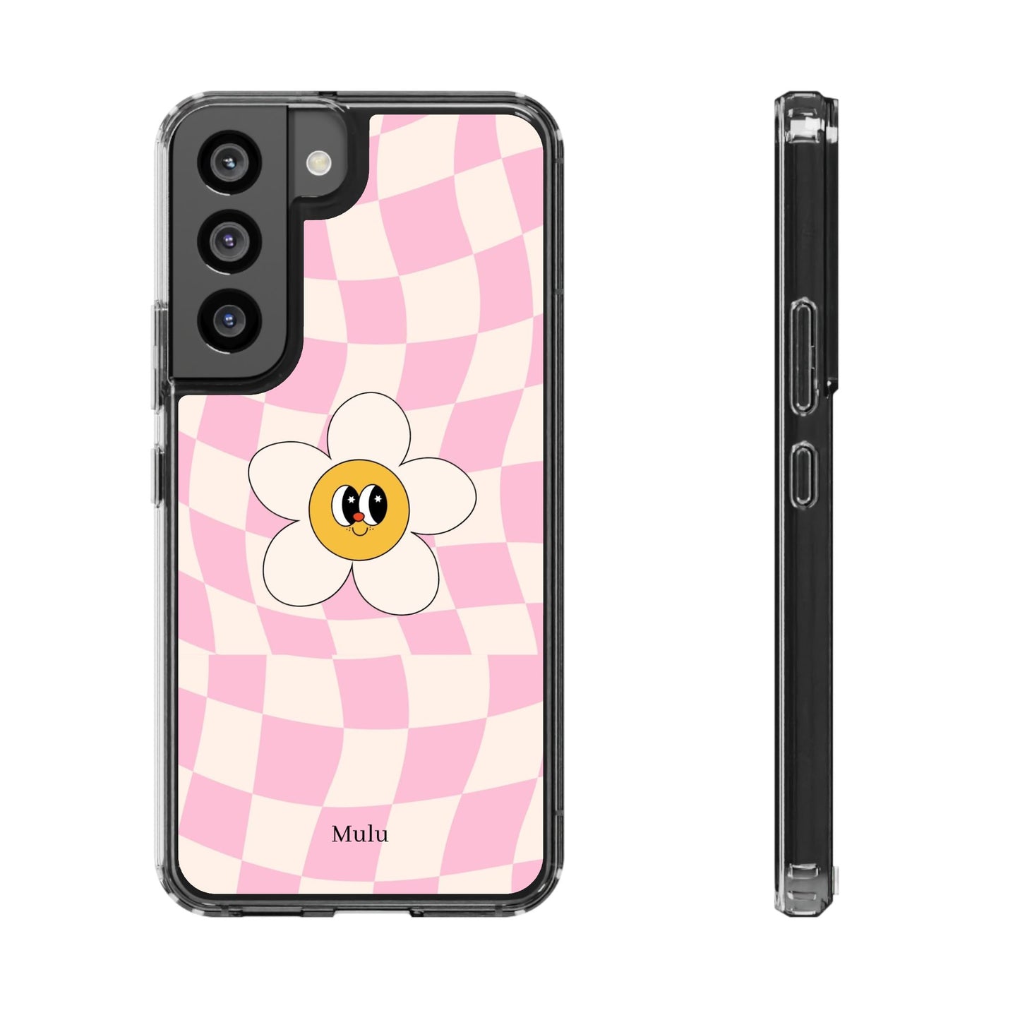 Clear Impact-Resistant Phone Case — Pink Checkerboard Daisy Design