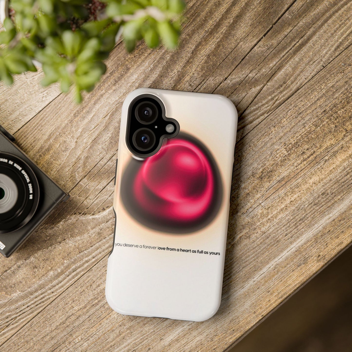 Protective Phone Case — Red Pearl Heart Design with 'You deserve a forever love' Text