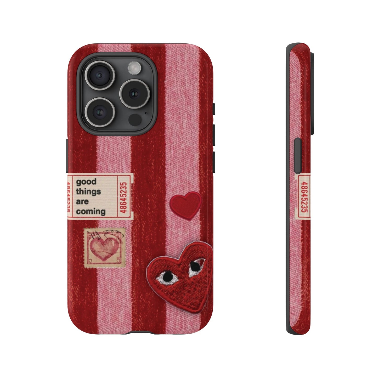 Phone Case — Red Striped Heart Design with “Good Things Are Coming”