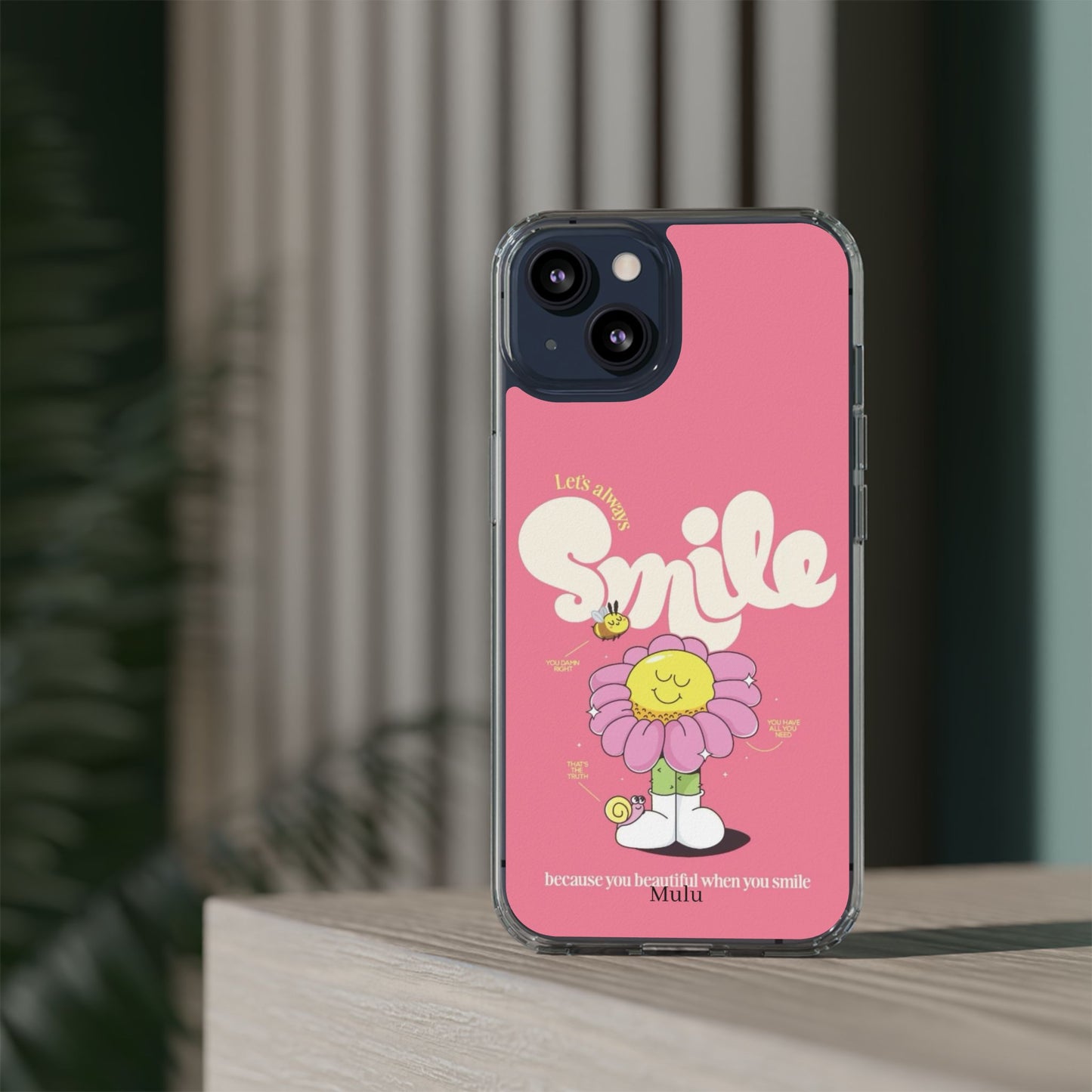 Clear Impact-Resistant Phone Case — Pink 'Smile' Flower Design