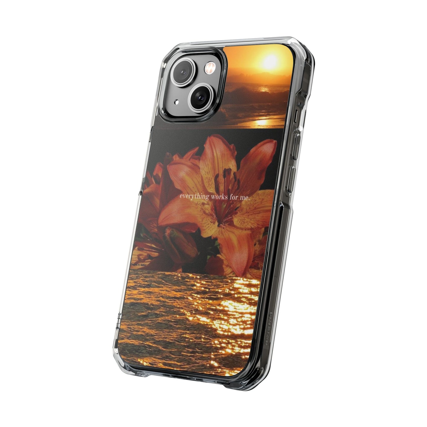 Clear Magnetic Phone Case — Sunset Lily Design ("anything waits for you")