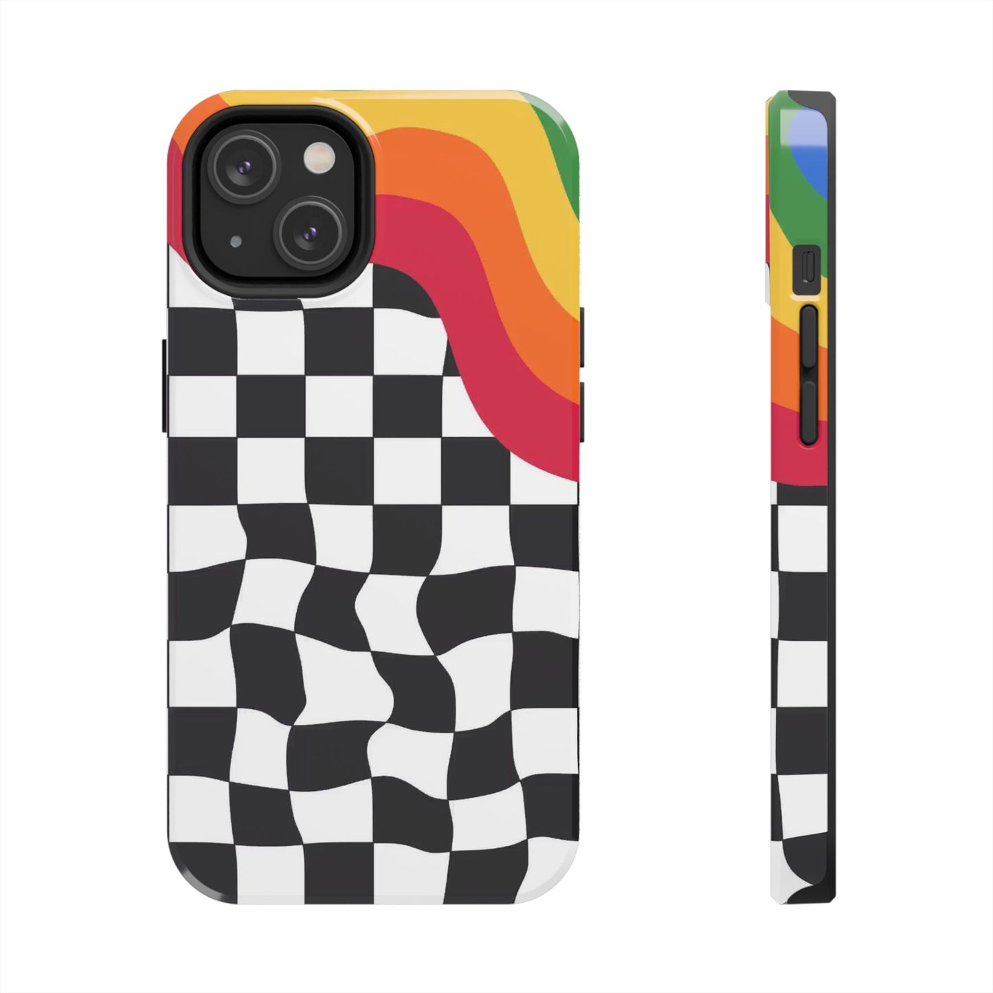 Retro Wavy Checkerboard Tough Phone Case — Rainbow Surf Skate Design