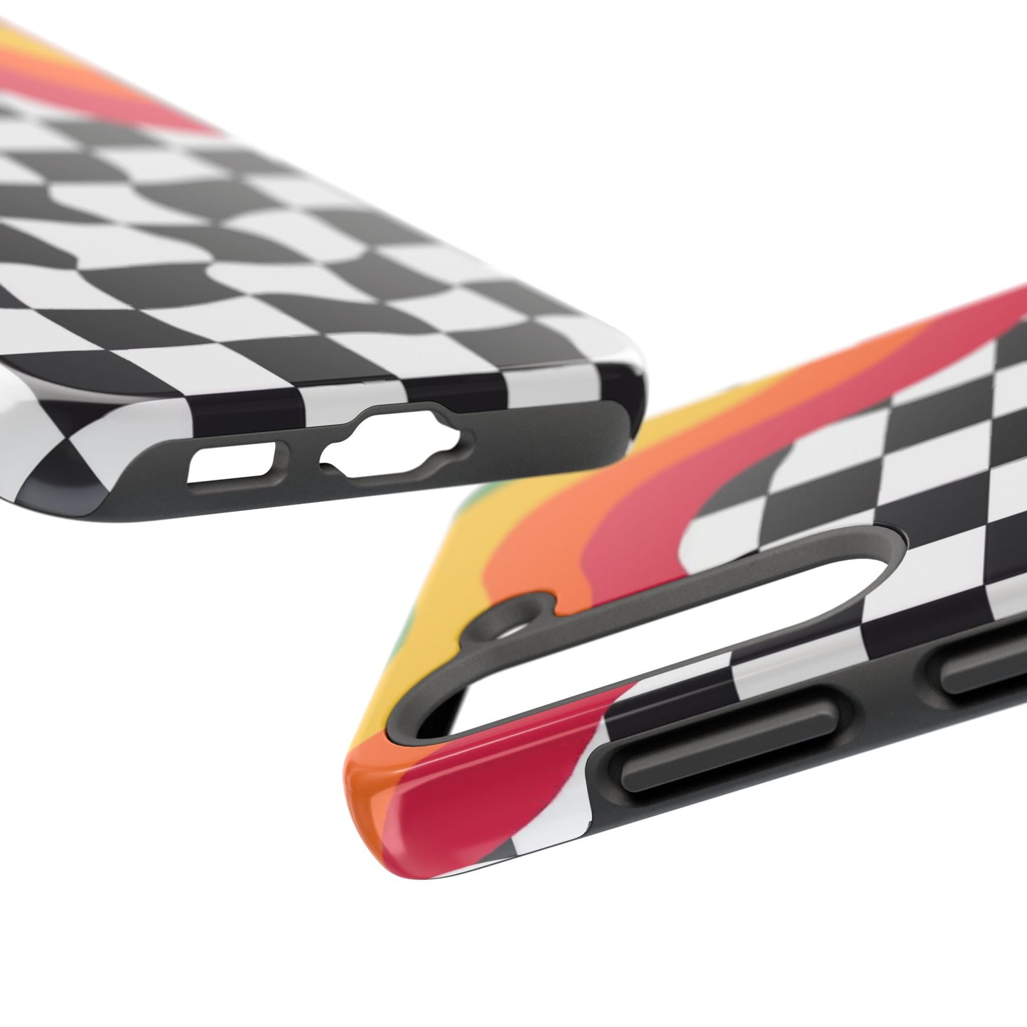 Retro Wavy Checkerboard Tough Phone Case — Rainbow Surf Skate Design