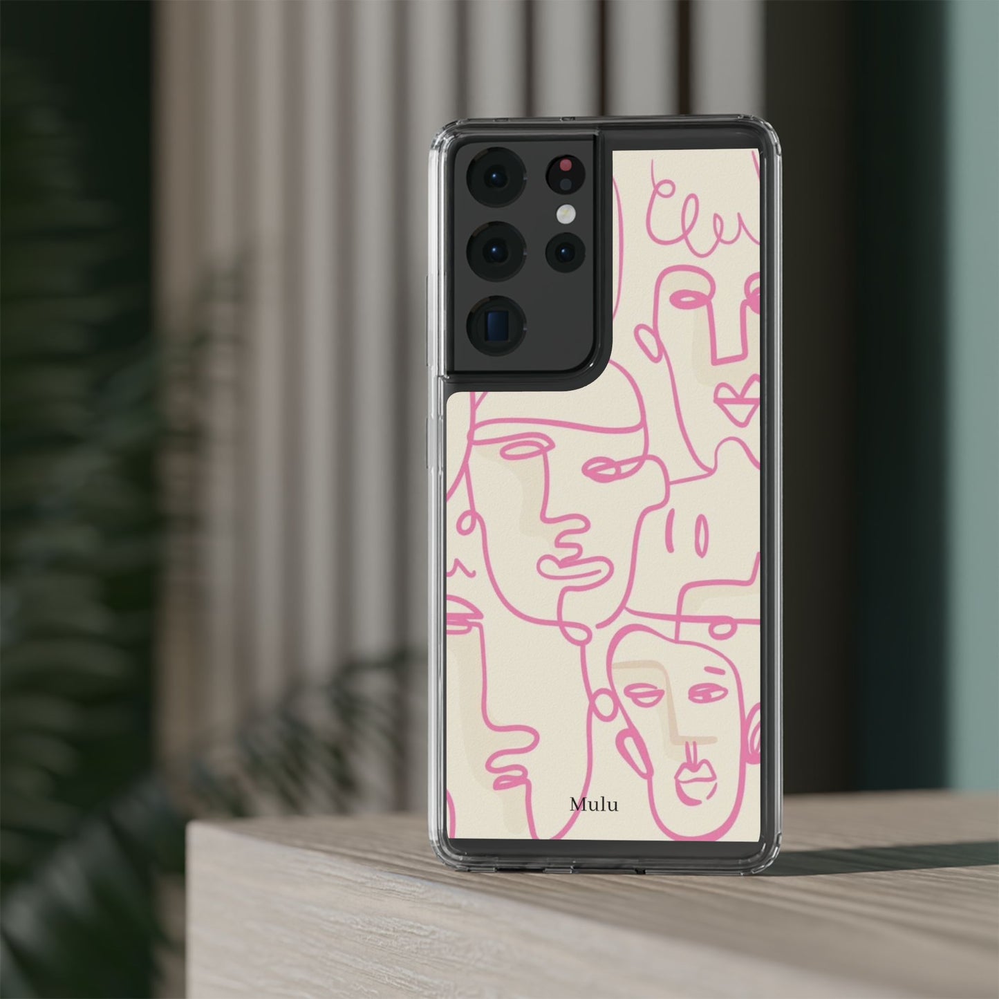 Clear Impact-Resistant Phone Case — Pink Minimalist Line Faces Design