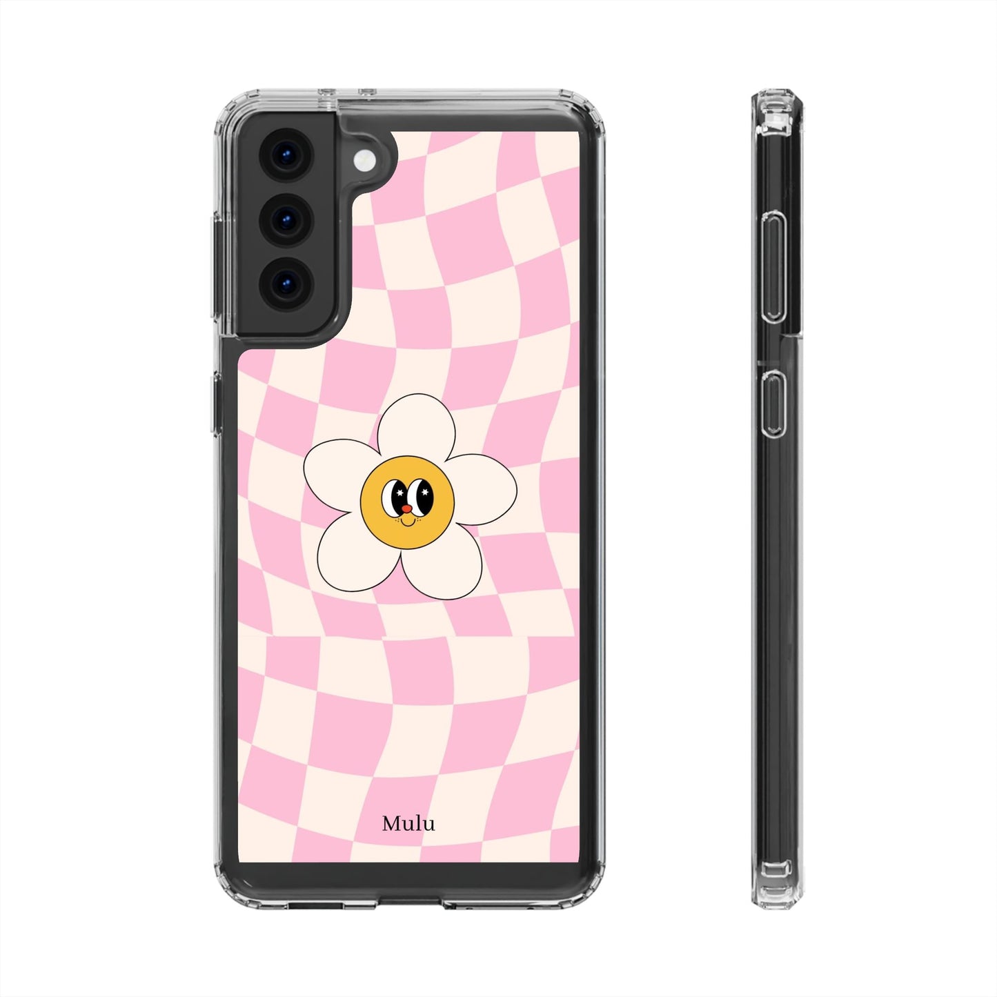 Clear Impact-Resistant Phone Case — Pink Checkerboard Daisy Design