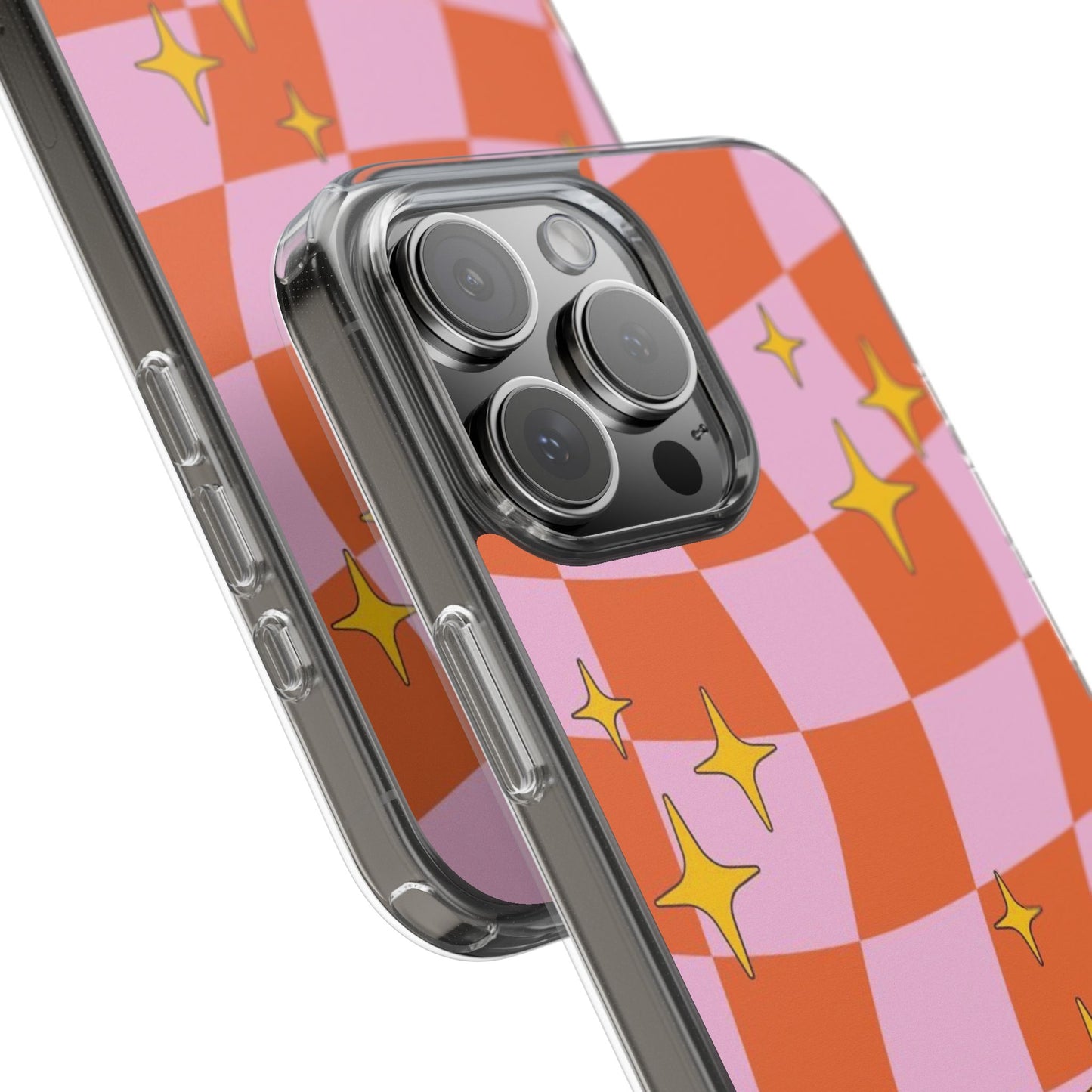 Clear Impact-Resistant Case — Retro Pink & Orange Checker with Sparkle Stars