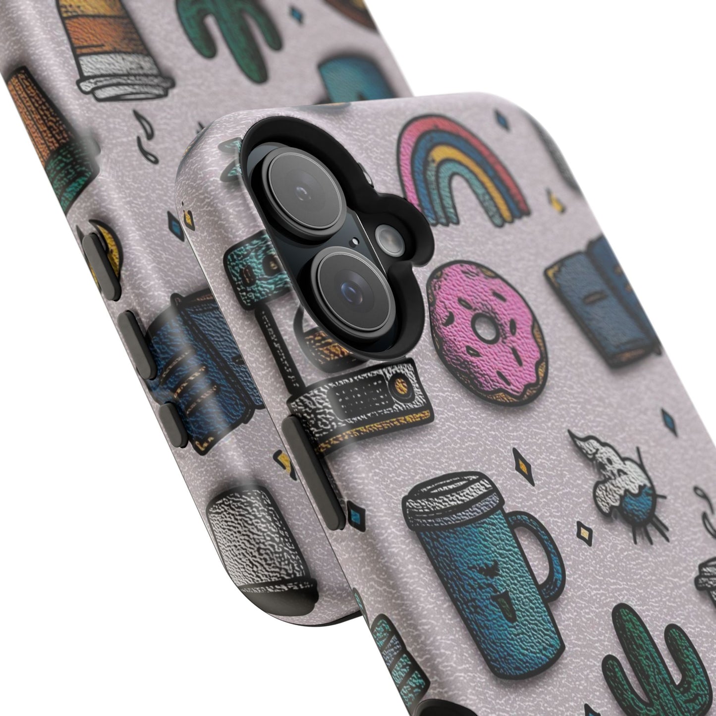 Cute Doodle Phone Case — Magnetic Impact-Resistant Design (coffee, rainbow, cactus)