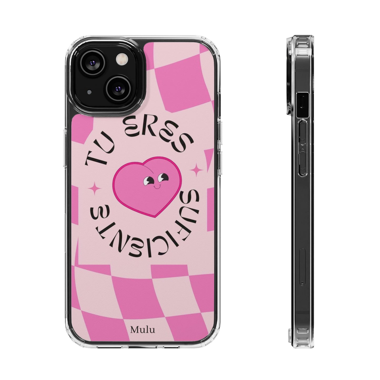Clear Impact-Resistant Phone Case — Pink Checkerheart “Tu Eres Suficiente” Design