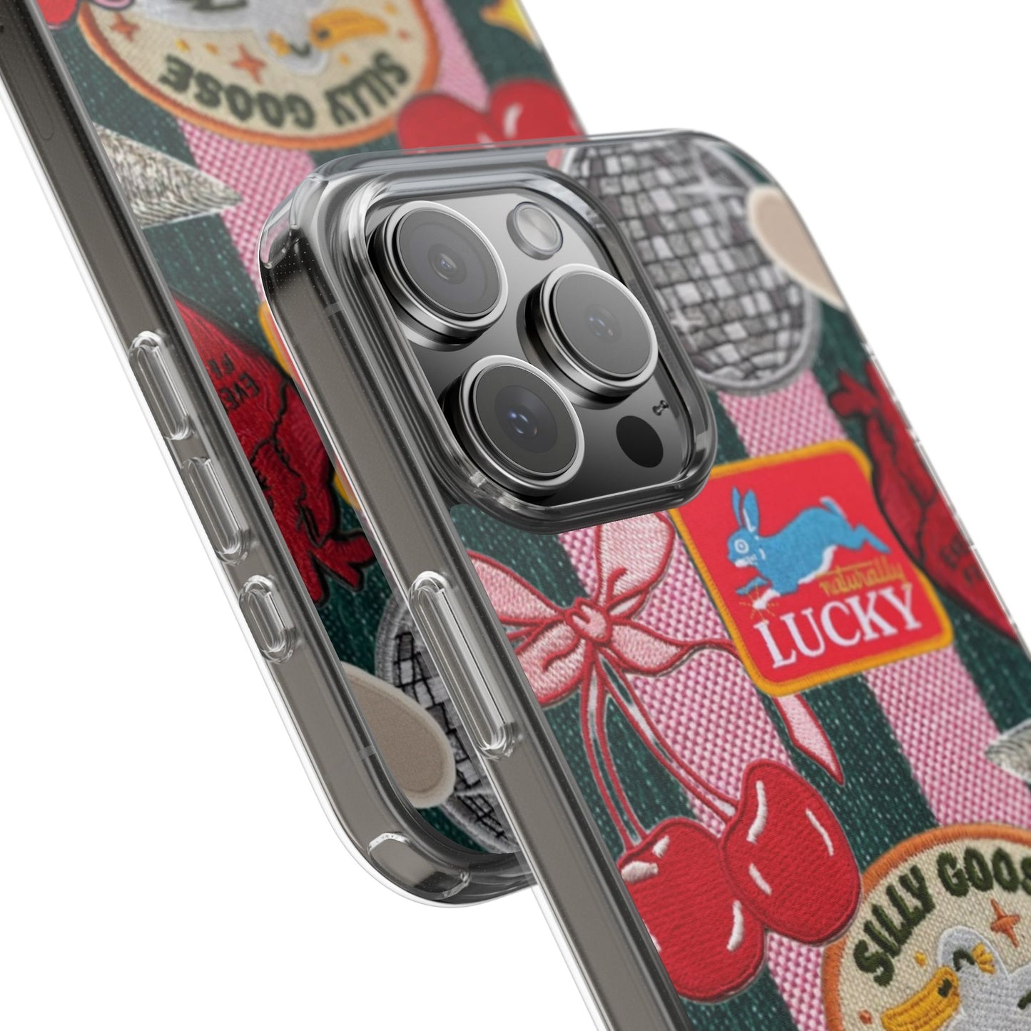 Clear Impact-Resistant Phone Case — Retro Patchwork Stickers (Lucky, Cherries, Silly Goose)