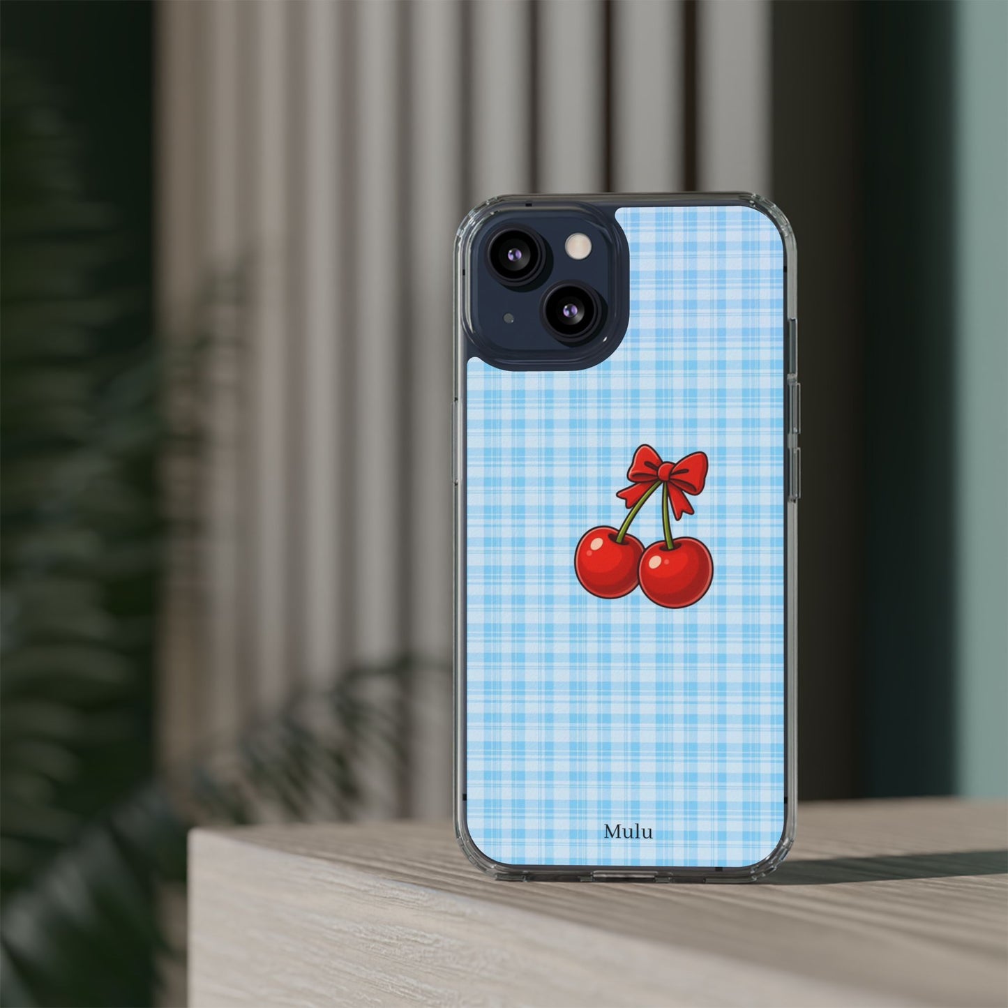 Clear Cherry Gingham Phone Case — Impact-Resistant Clear Case with Red Cherry Design