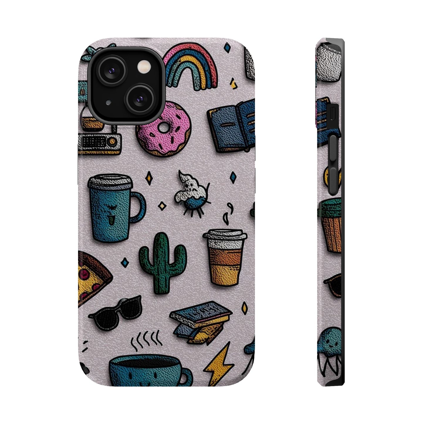 Cute Doodle Phone Case — Magnetic Impact-Resistant Design (coffee, rainbow, cactus)
