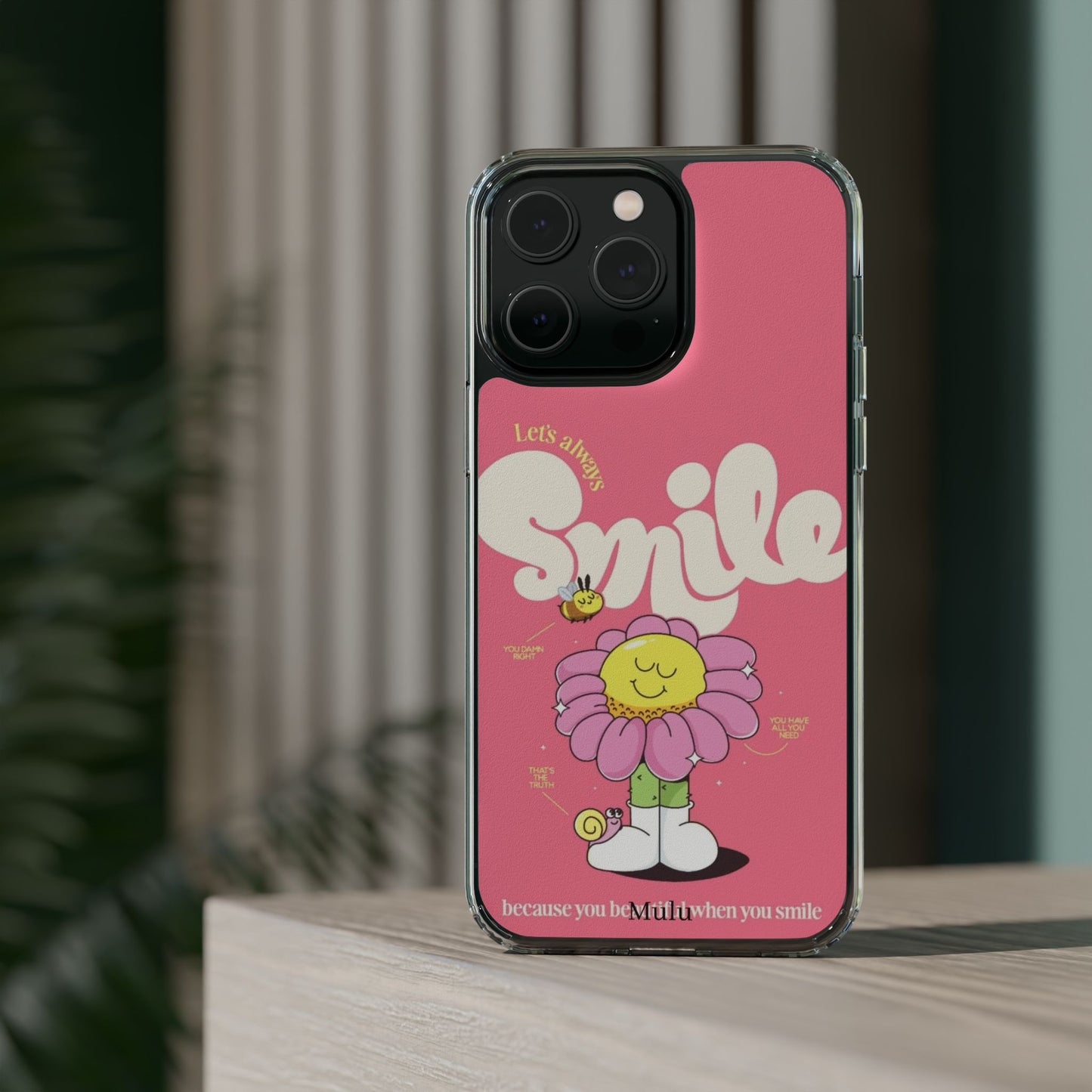 Clear Impact-Resistant Phone Case — Pink 'Smile' Flower Design