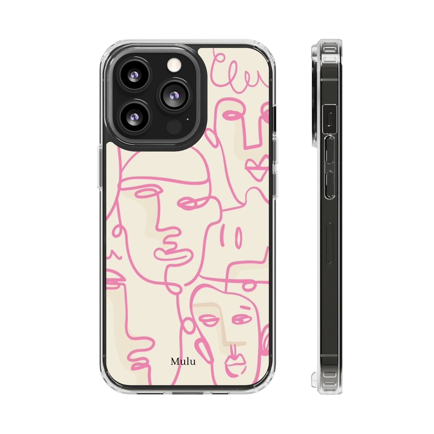 Clear Impact-Resistant Phone Case — Pink Minimalist Line Faces Design